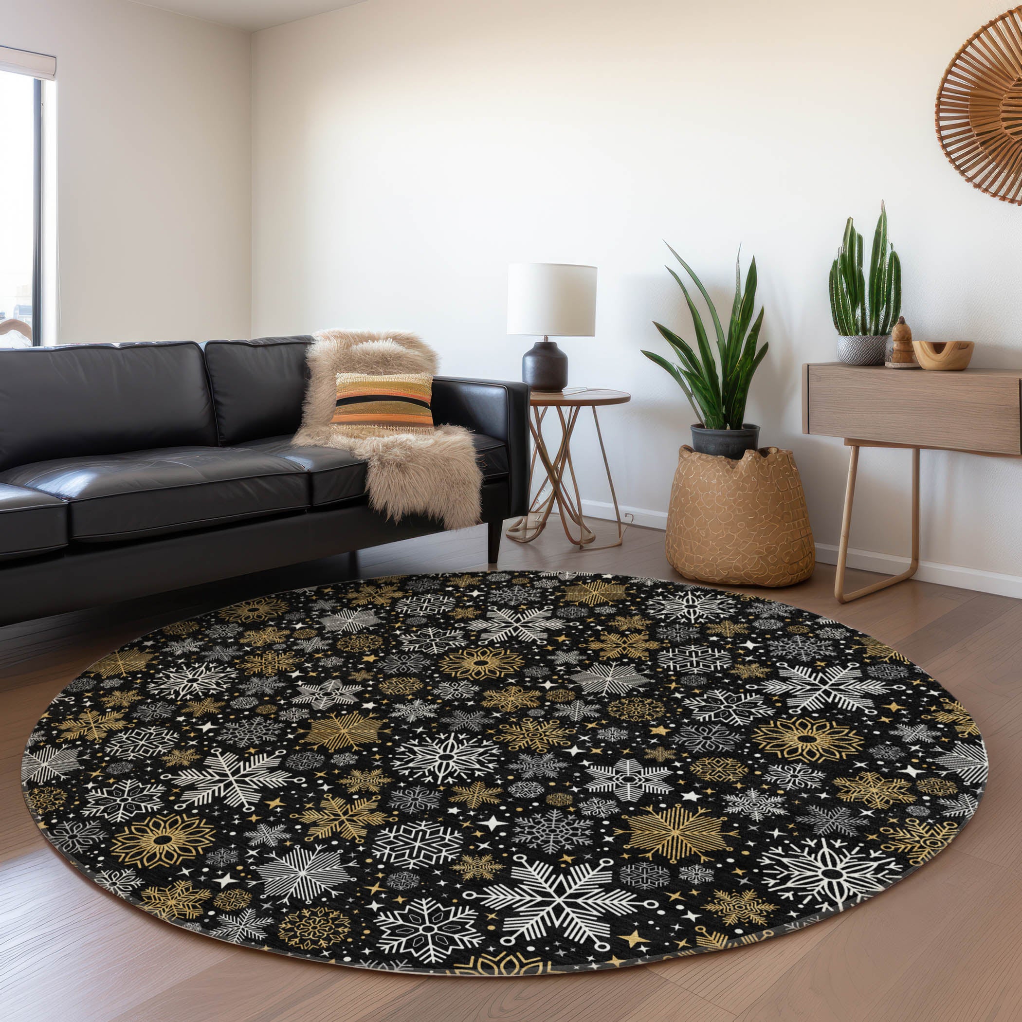 Luxury Machine Washable Indoor/Outdoor Holiday WN31 Black Rug 8' x 8' #shape_Round
