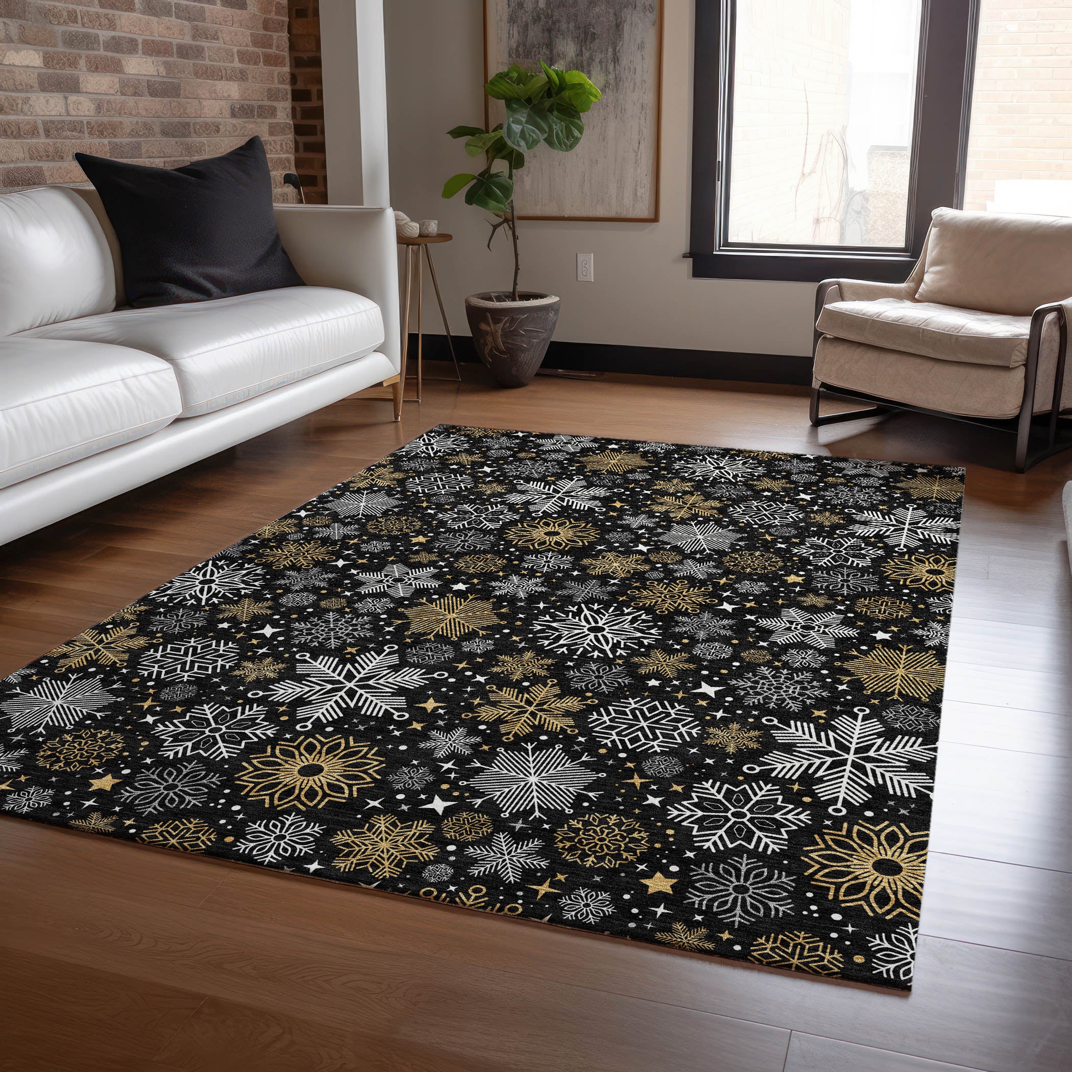 Luxury Machine Washable Indoor/Outdoor Holiday WN31 Black Rug 2'6" x 3'10" #shape_Rectangle