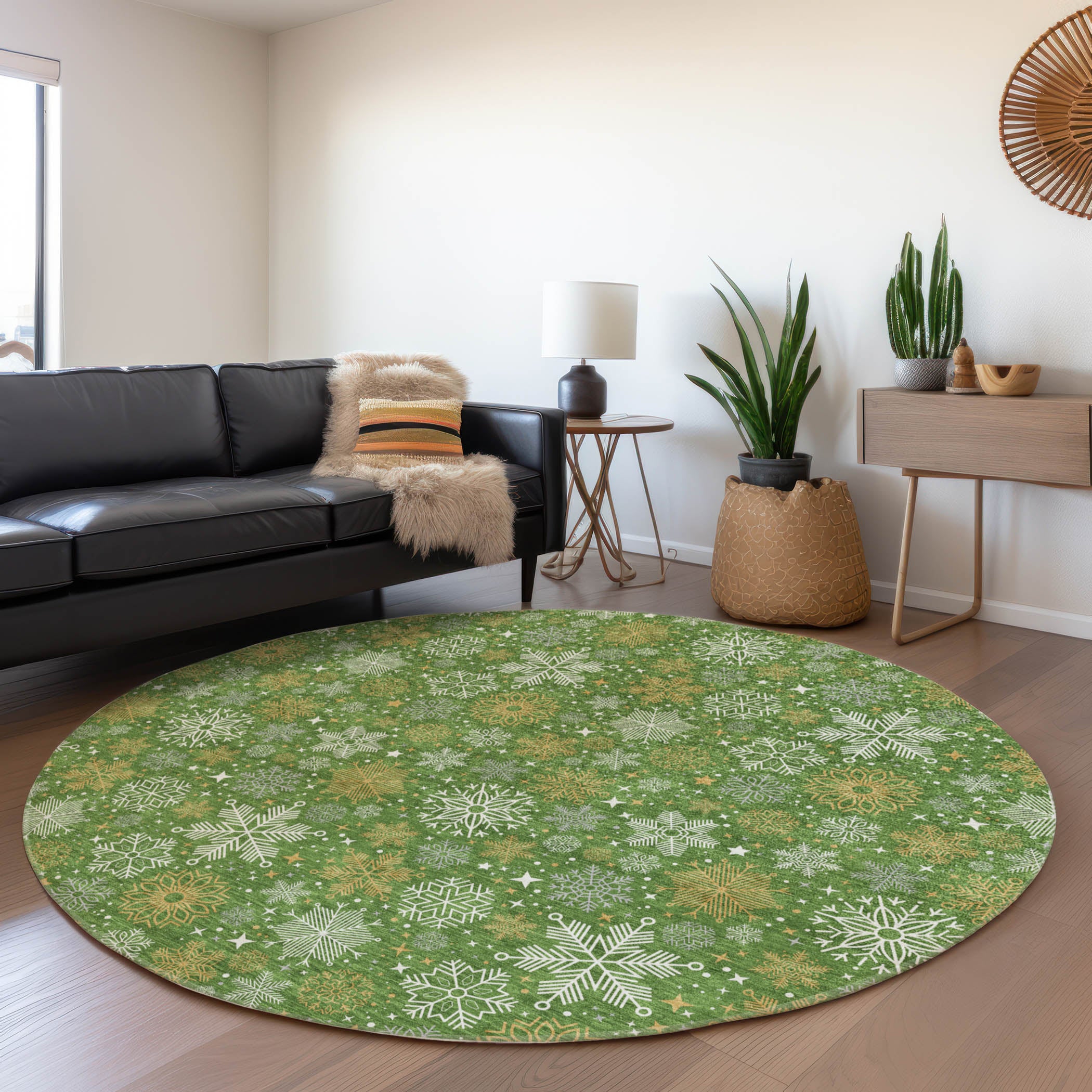 Luxury Machine Washable Indoor/Outdoor Holiday WN31 Green Rug 8' x 8' #shape_Round