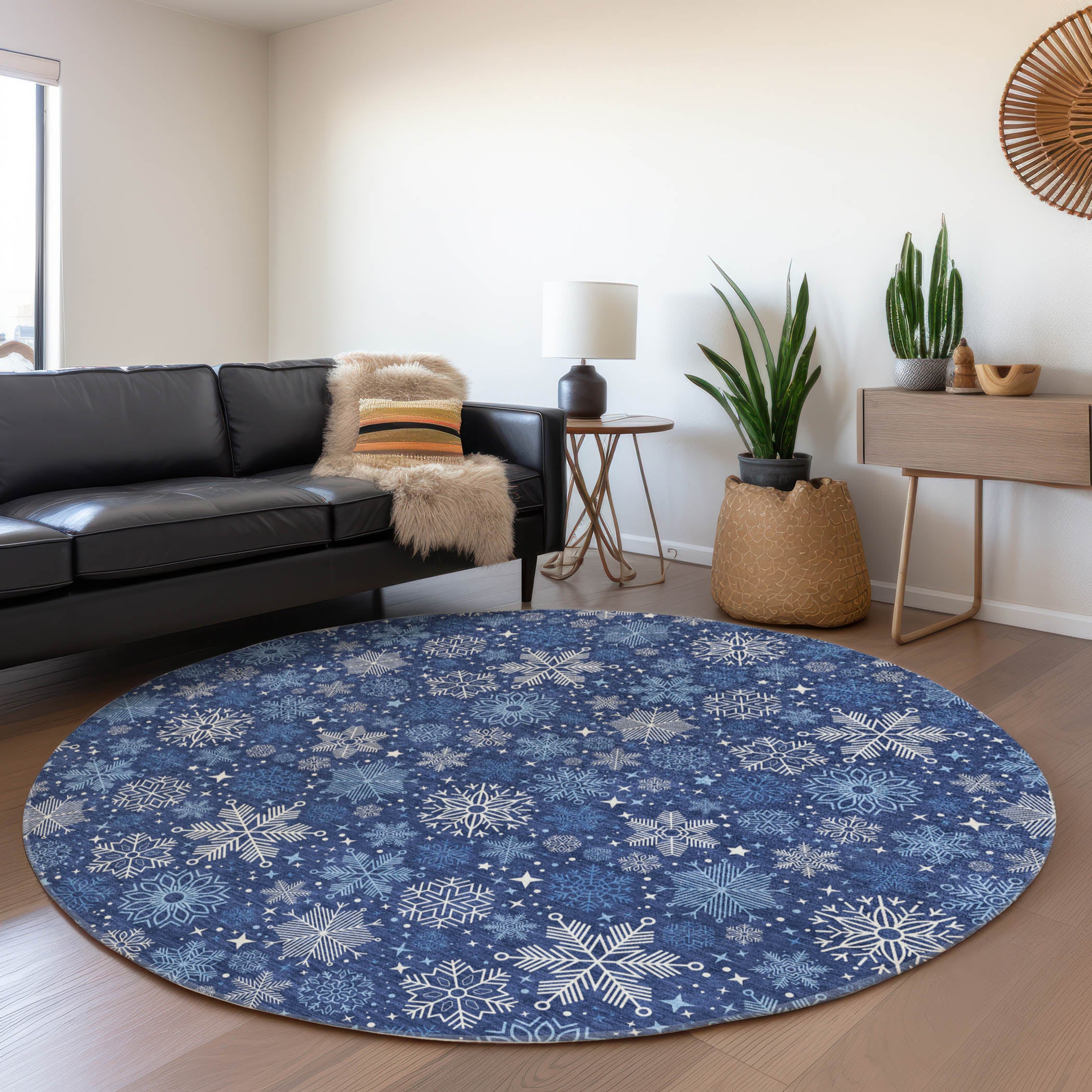 Luxury Machine Washable Indoor/Outdoor Holiday WN31 Navy Blue Rug 8' x 8' #shape_Round