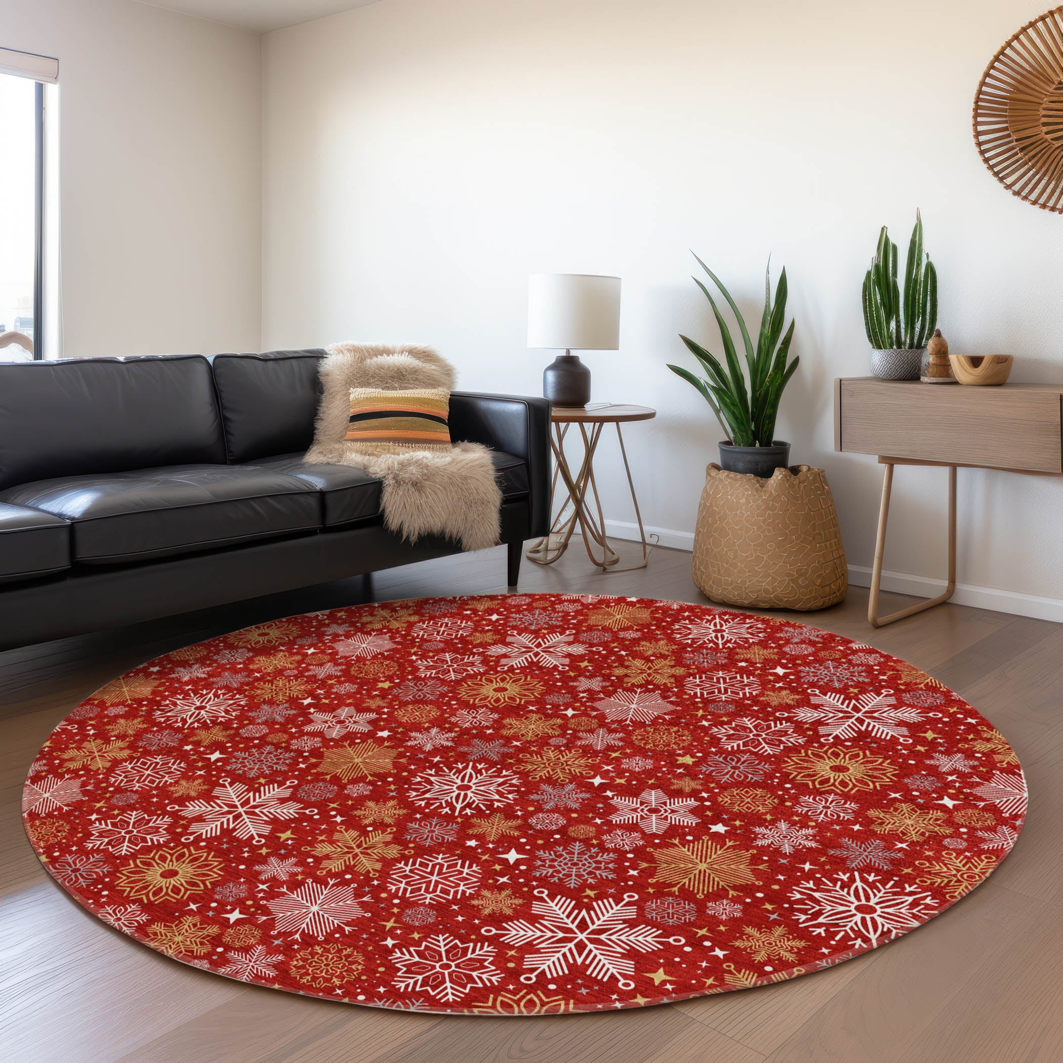 Luxury Machine Washable Indoor/Outdoor Holiday WN31 Red Rug 8' x 8' #shape_Round