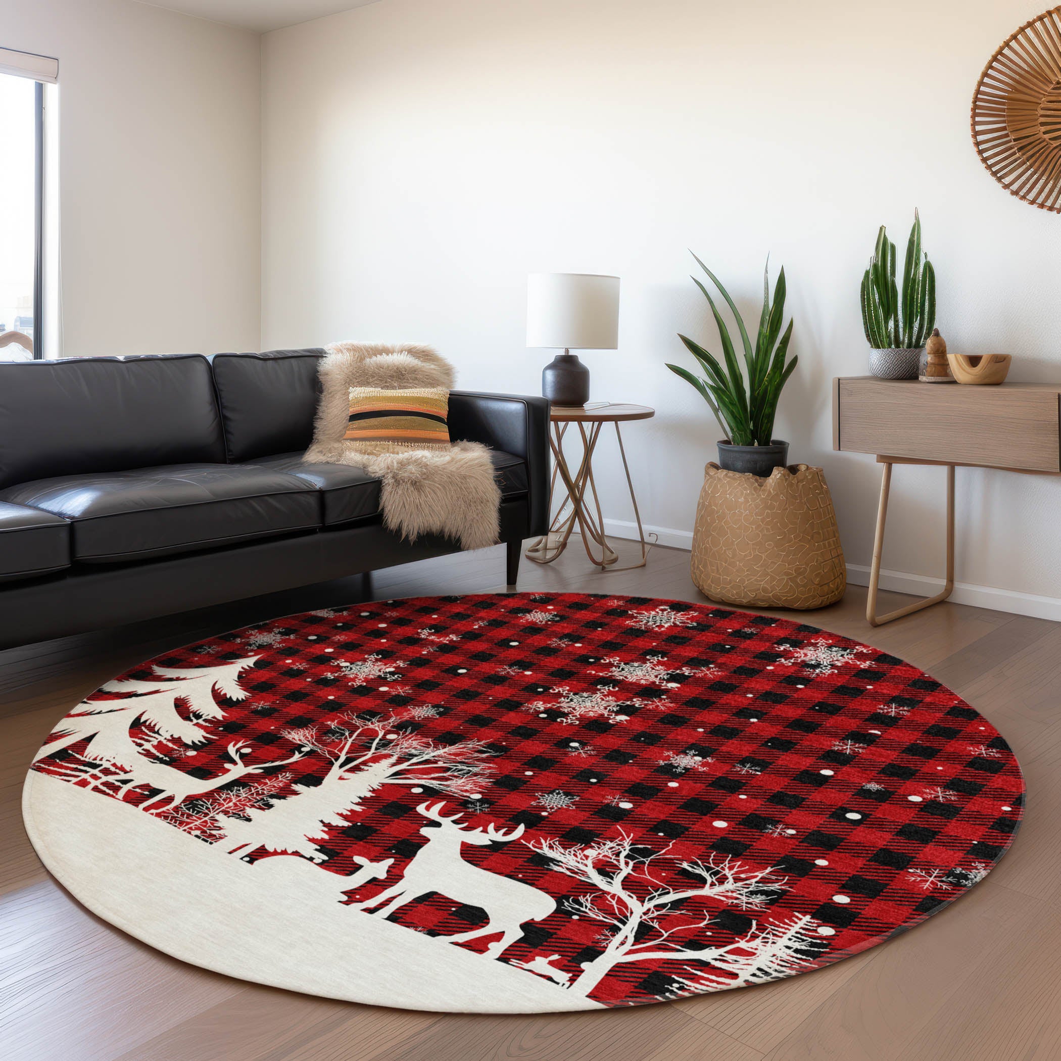 Luxury Machine Washable Indoor/Outdoor Holiday WN32 Red Rug 8' x 8' #shape_Round