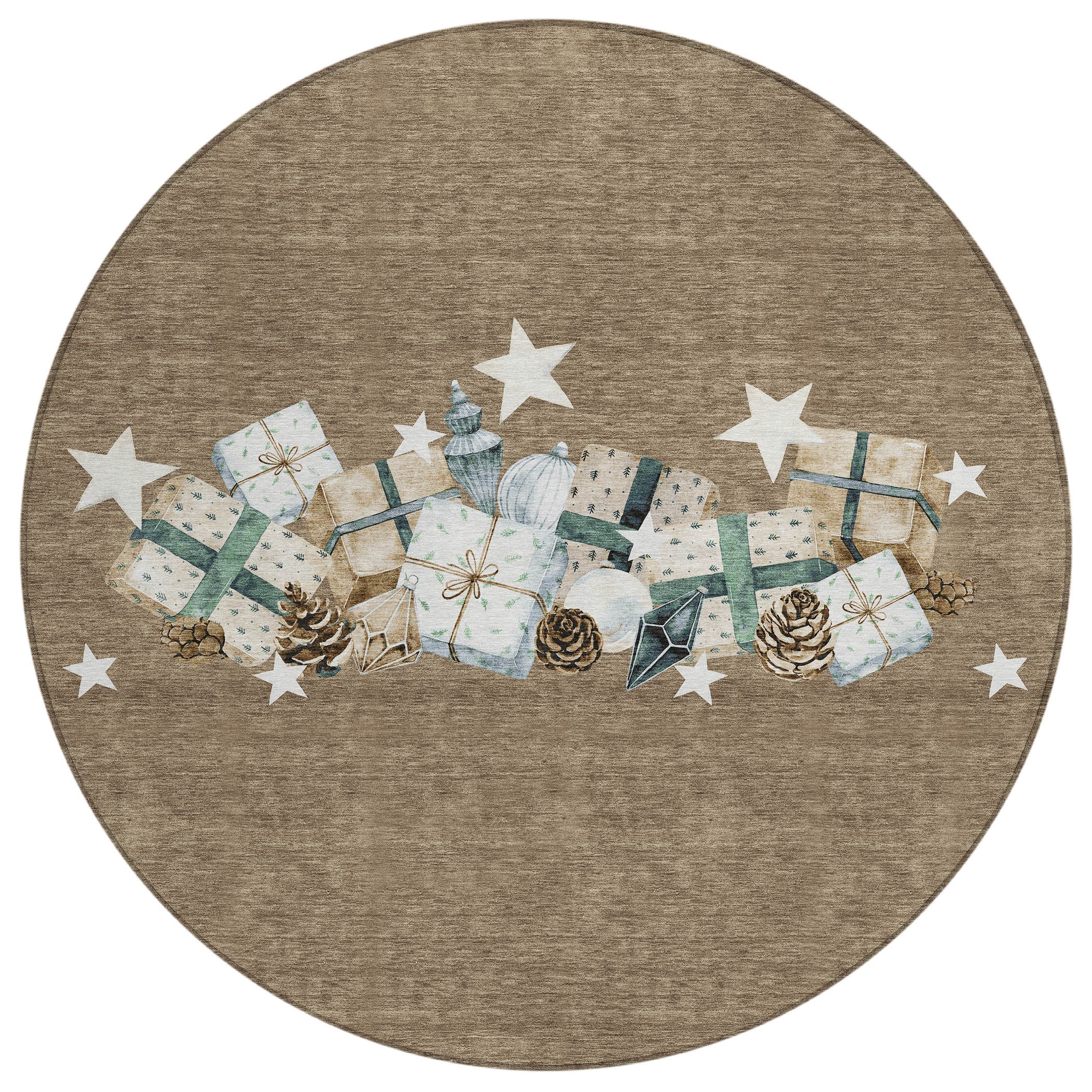 Luxury Machine Washable Indoor/Outdoor Holiday WN33 Brown Rug 8' x 8' #shape_Round