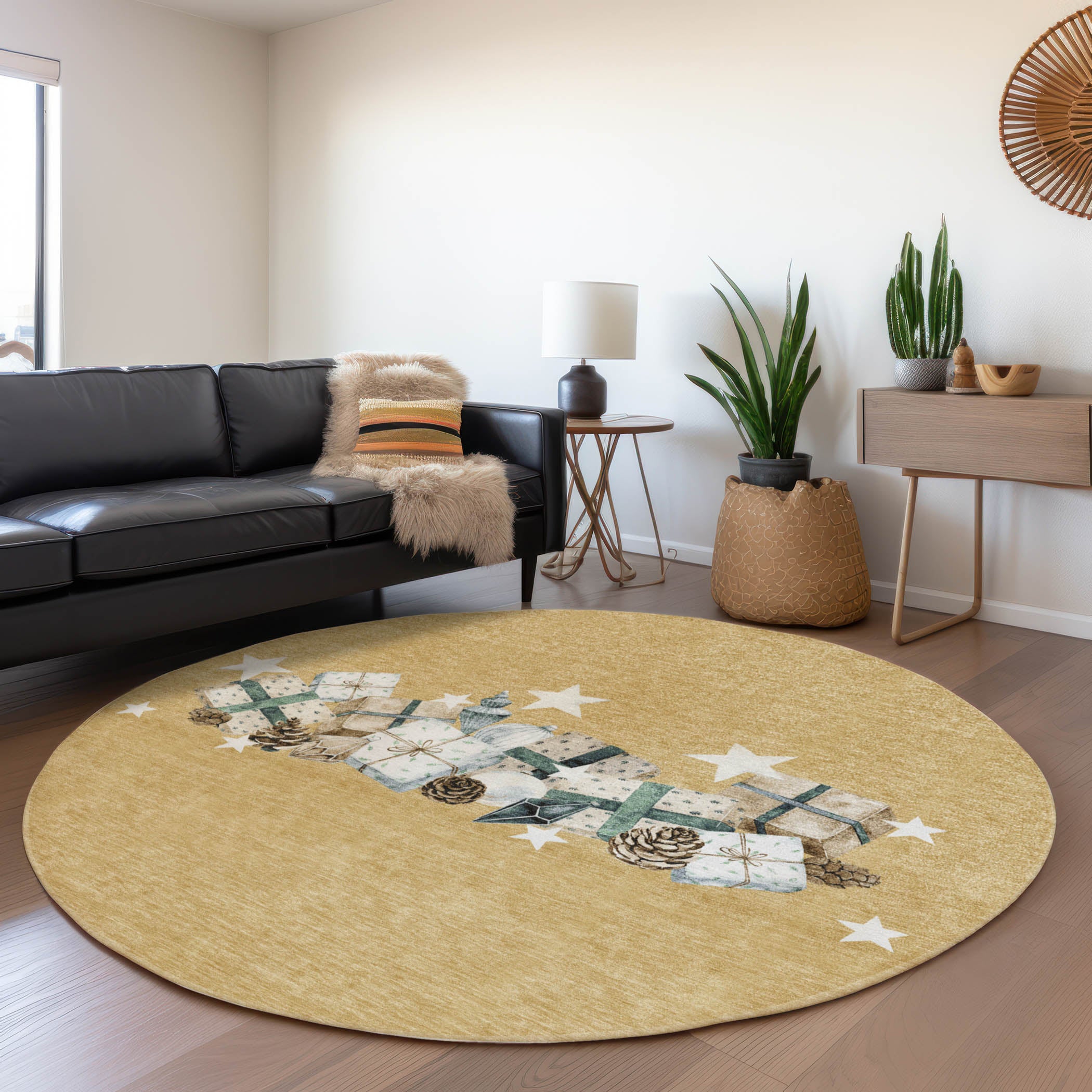 Luxury Machine Washable Indoor/Outdoor Holiday WN33 Gold Rug 8' x 8' #shape_Round