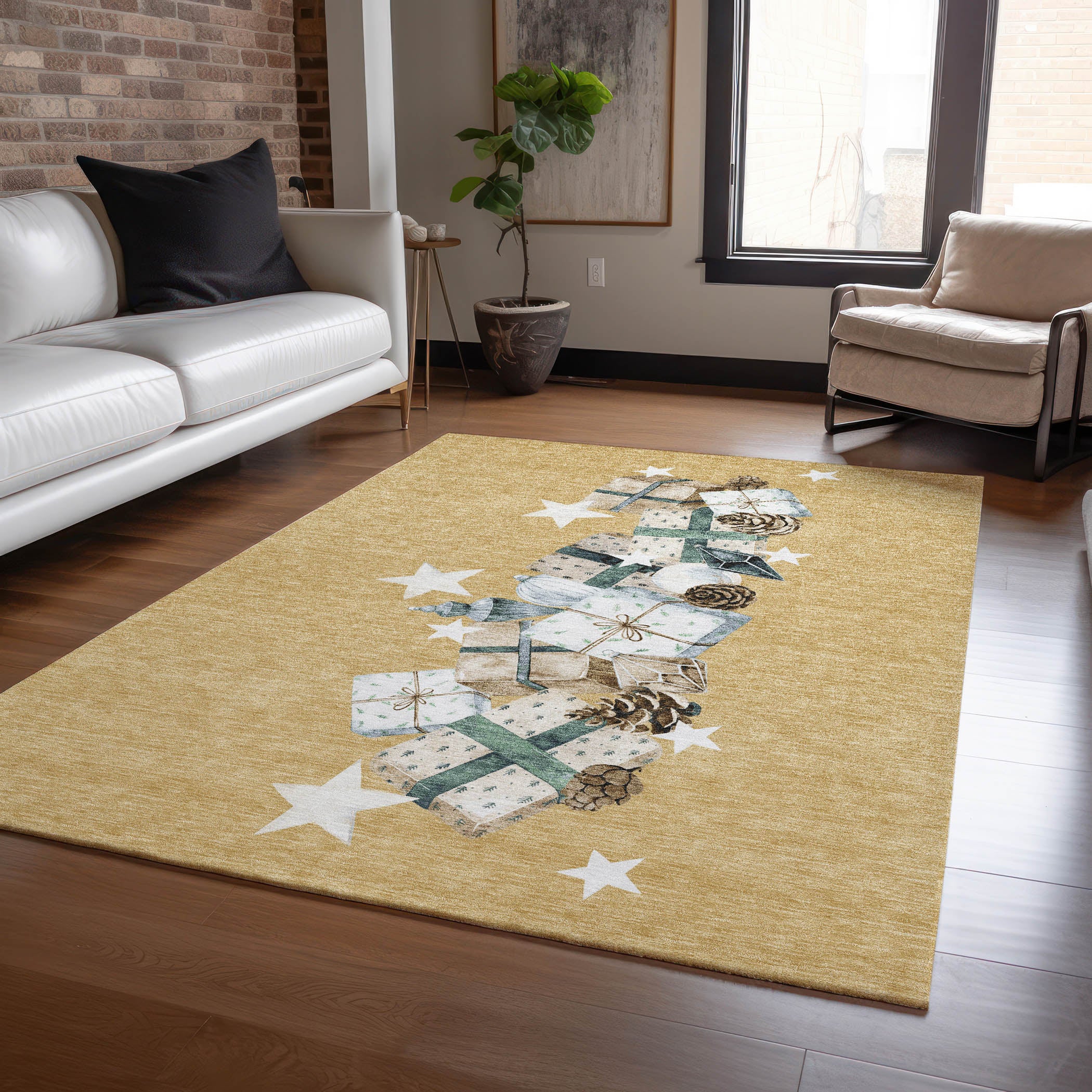 Luxury Machine Washable Indoor/Outdoor Holiday WN33 Gold Rug 2'6" x 3'10" #shape_Rectangle