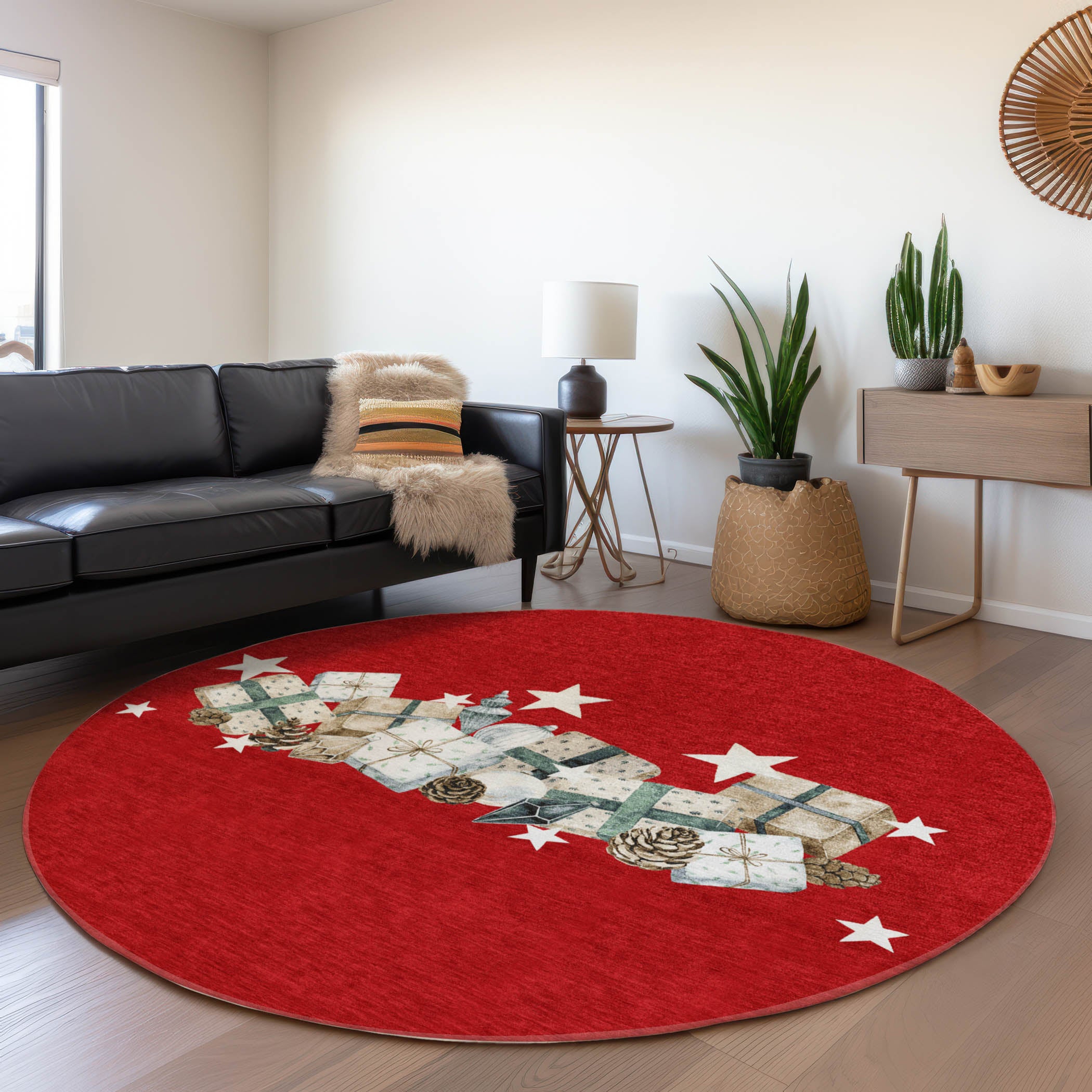 Luxury Machine Washable Indoor/Outdoor Holiday WN33 Red Rug 8' x 8' #shape_Round