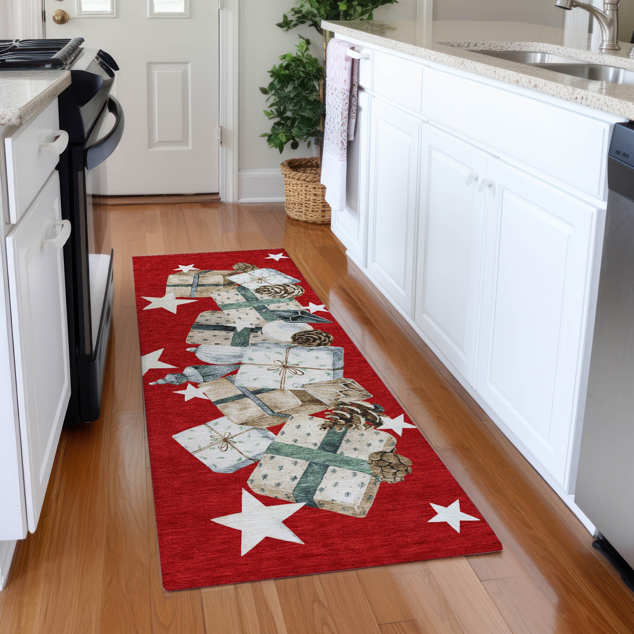 Luxury Machine Washable Indoor/Outdoor Holiday WN33 Red Rug 2'3" x 7'6" #shape_Runner