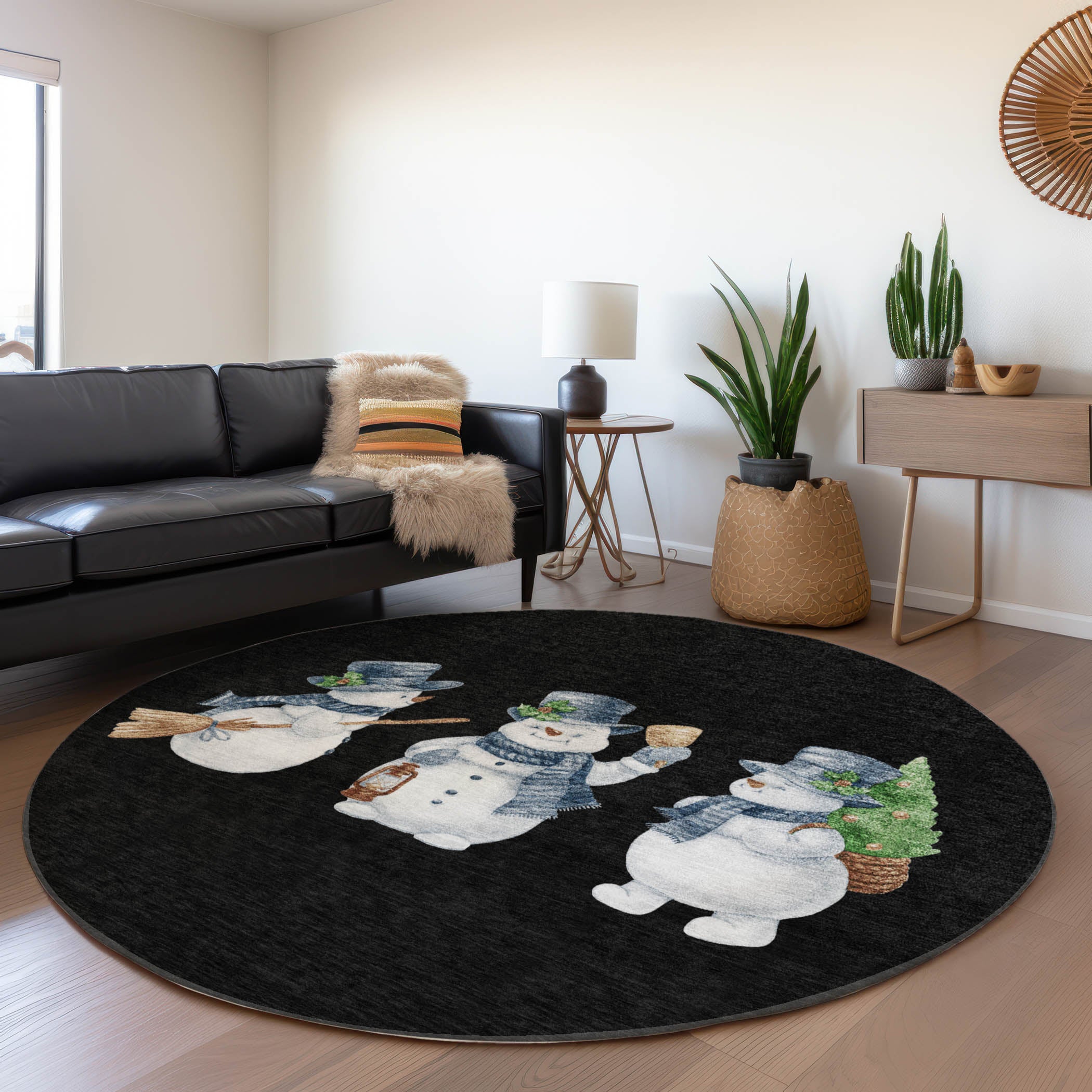 Luxury Machine Washable Indoor/Outdoor Holiday WN34 Black Rug 8' x 8' #shape_Round