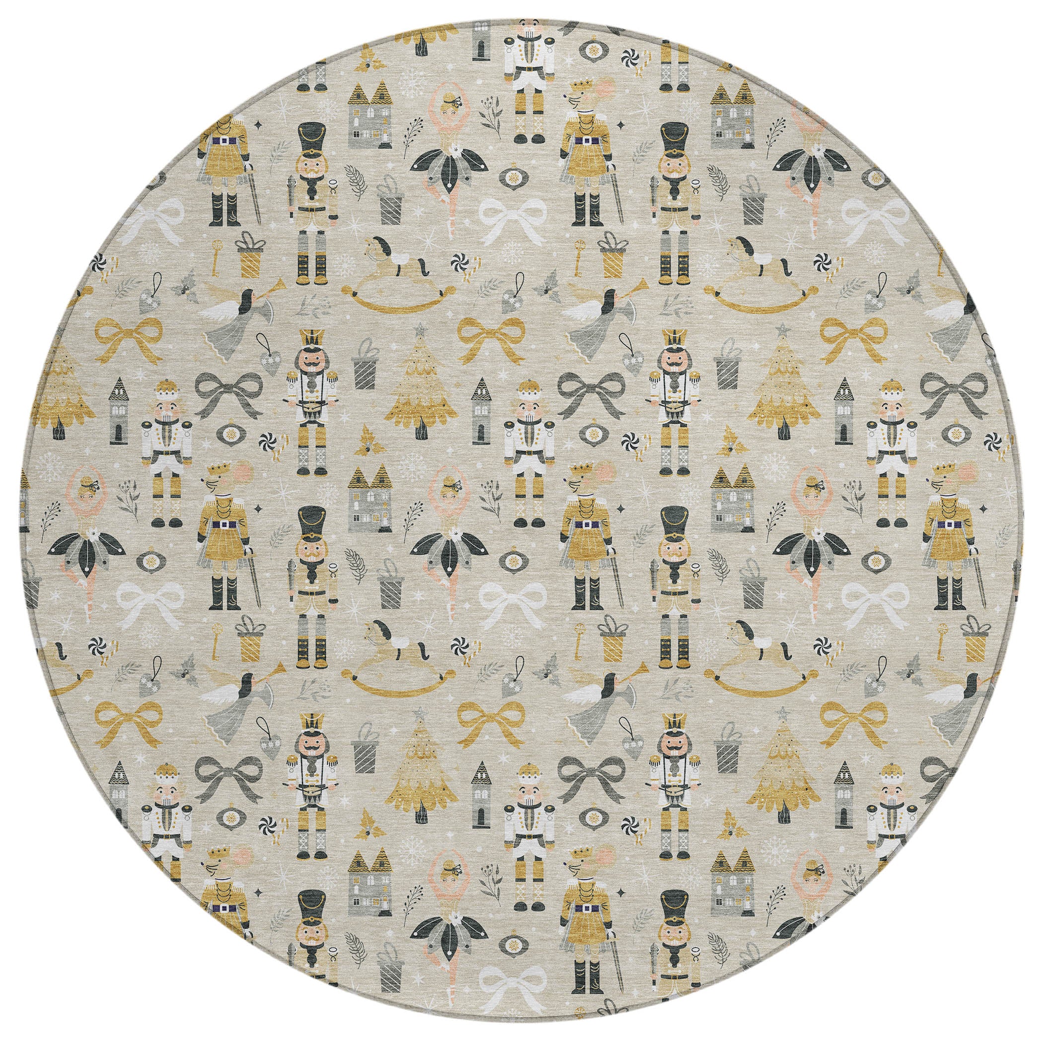 Luxury Machine Washable Indoor/Outdoor Holiday WN35 Beige Ivory Rug 8' x 8' #shape_Round