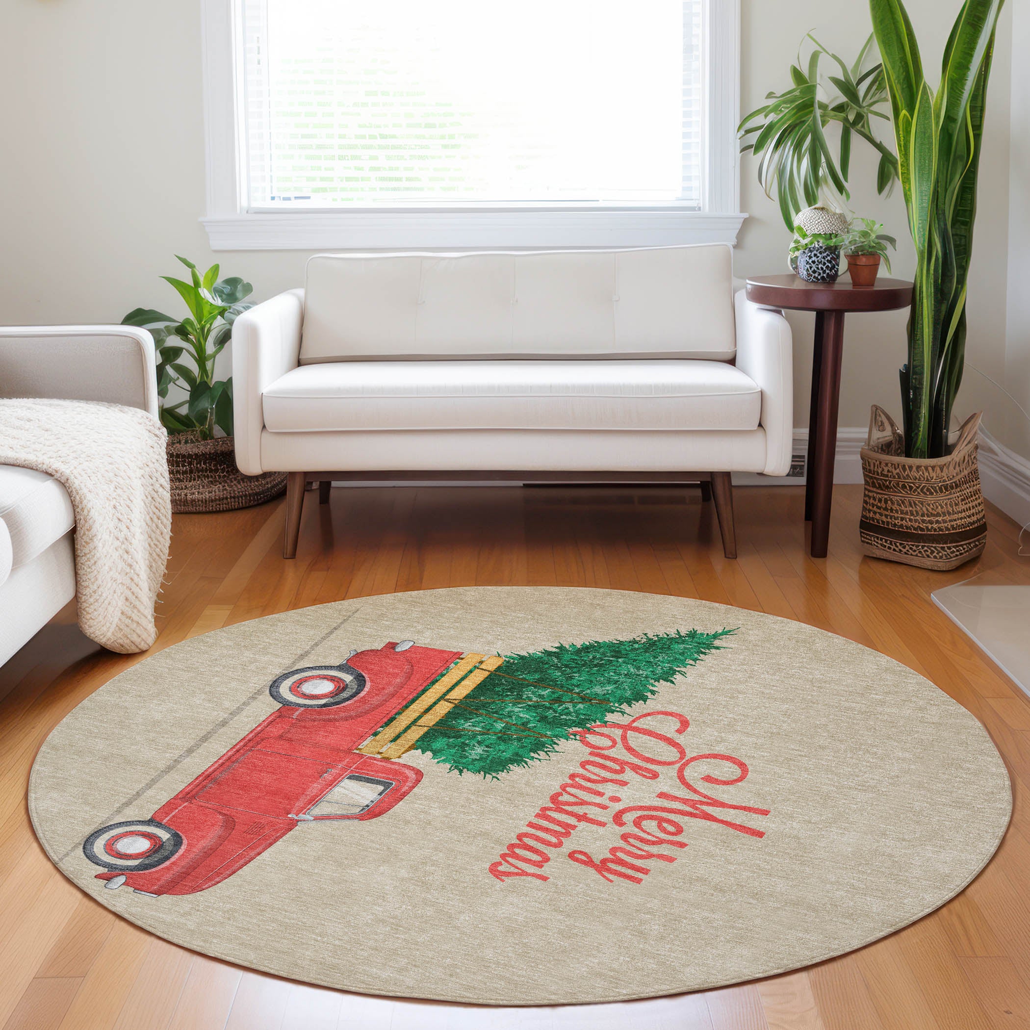 Luxury Machine Washable Indoor/Outdoor Holiday WN4 Putty Brown Rug 8' x 8' #shape_Round