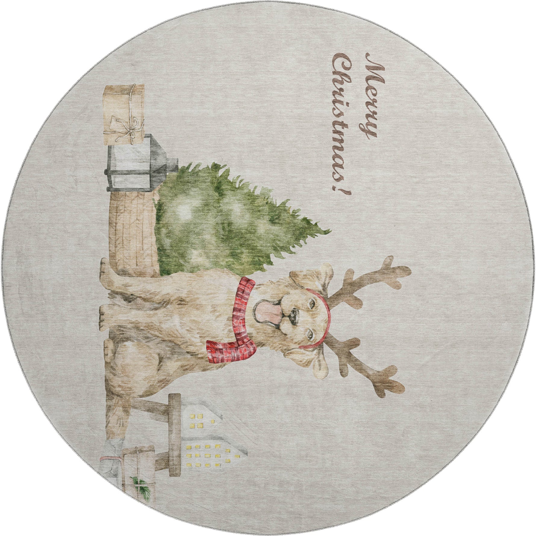 Luxury Machine Washable Indoor/Outdoor Holiday WN8 Beige Brown Rug 8' x 8' #shape_Round