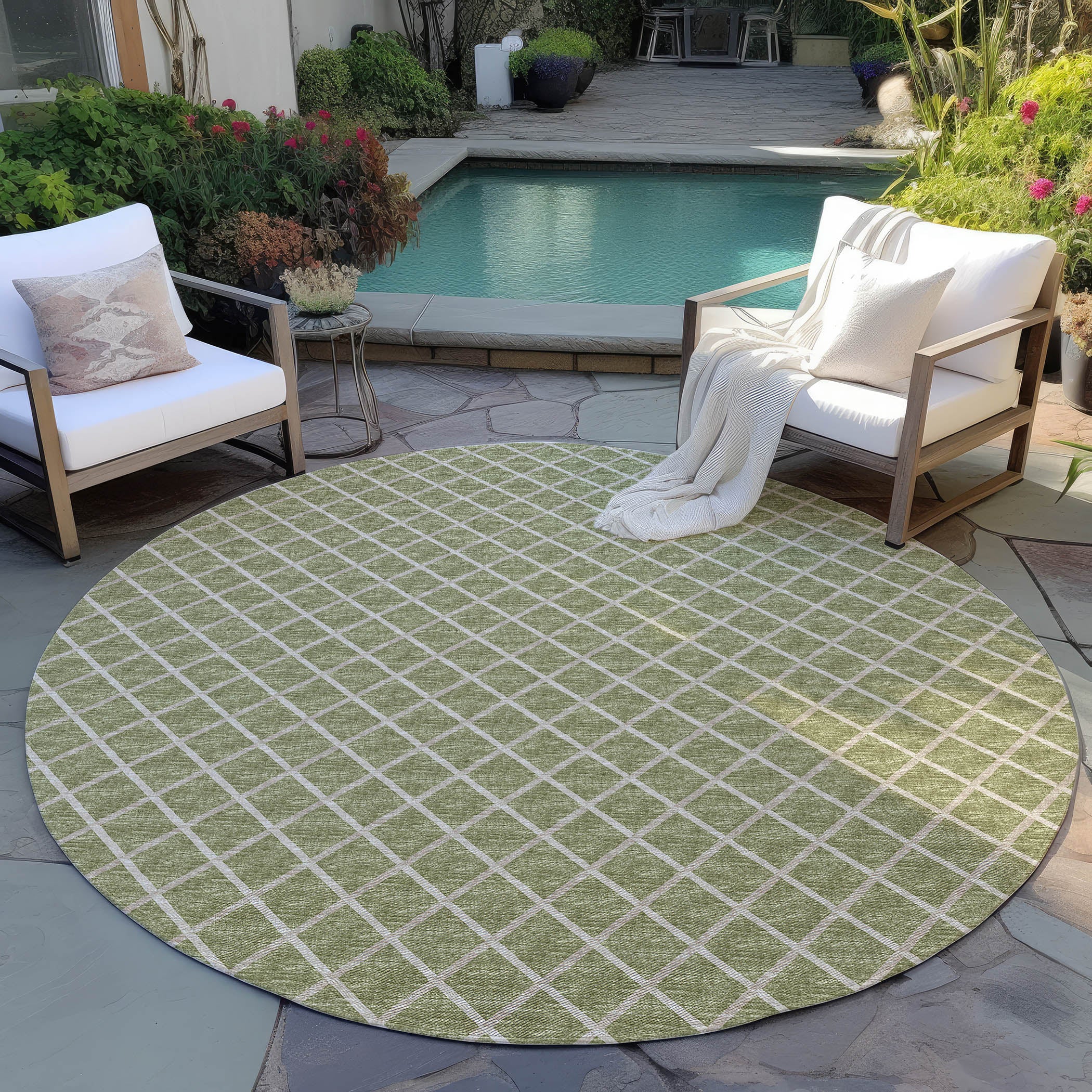Luxury Machine Washable Indoor/Outdoor Transitional YO1 Aloe Green Rug 4' x 4' #shape_Round