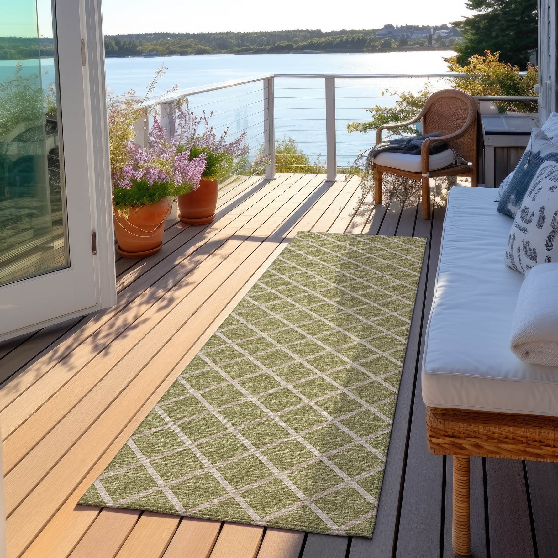 Luxury Machine Washable Indoor/Outdoor Transitional YO1 Aloe Green Rug 2'3" x 10' #shape_Runner