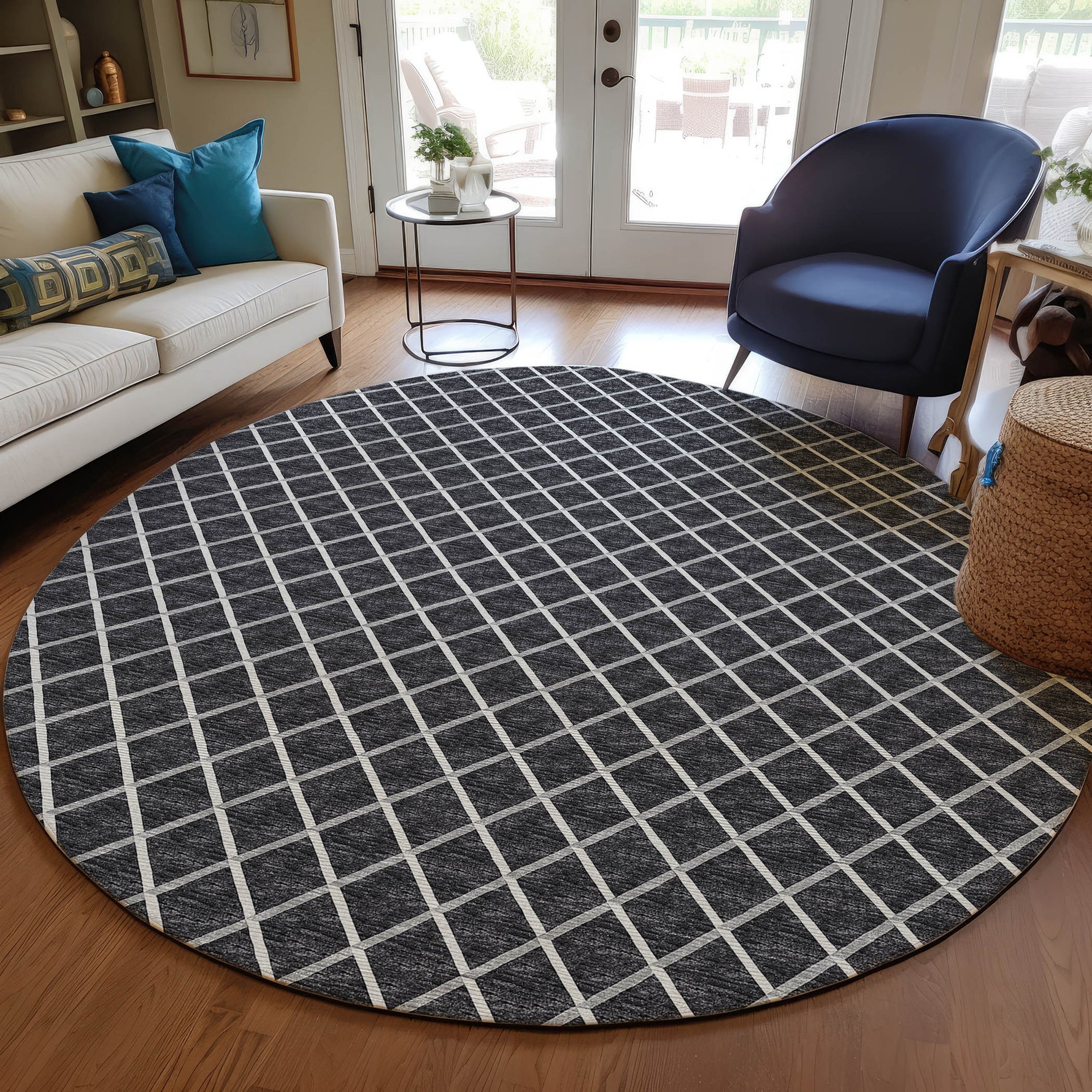 Luxury Machine Washable Indoor/Outdoor Transitional YO1 Black Rug 4' x 4' #shape_Round
