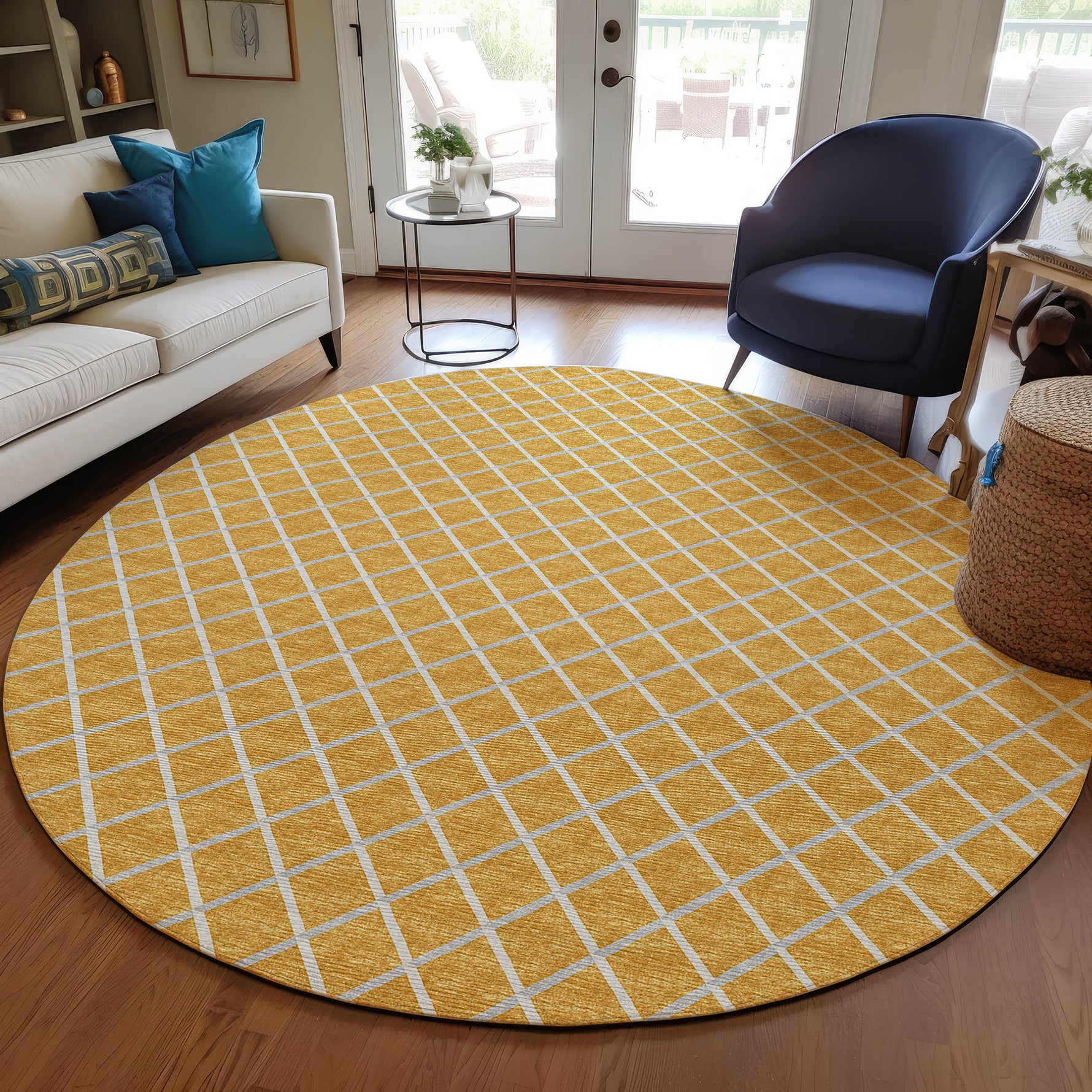 Luxury Machine Washable Indoor/Outdoor Transitional YO1 Gold Rug 4' x 4' #shape_Round