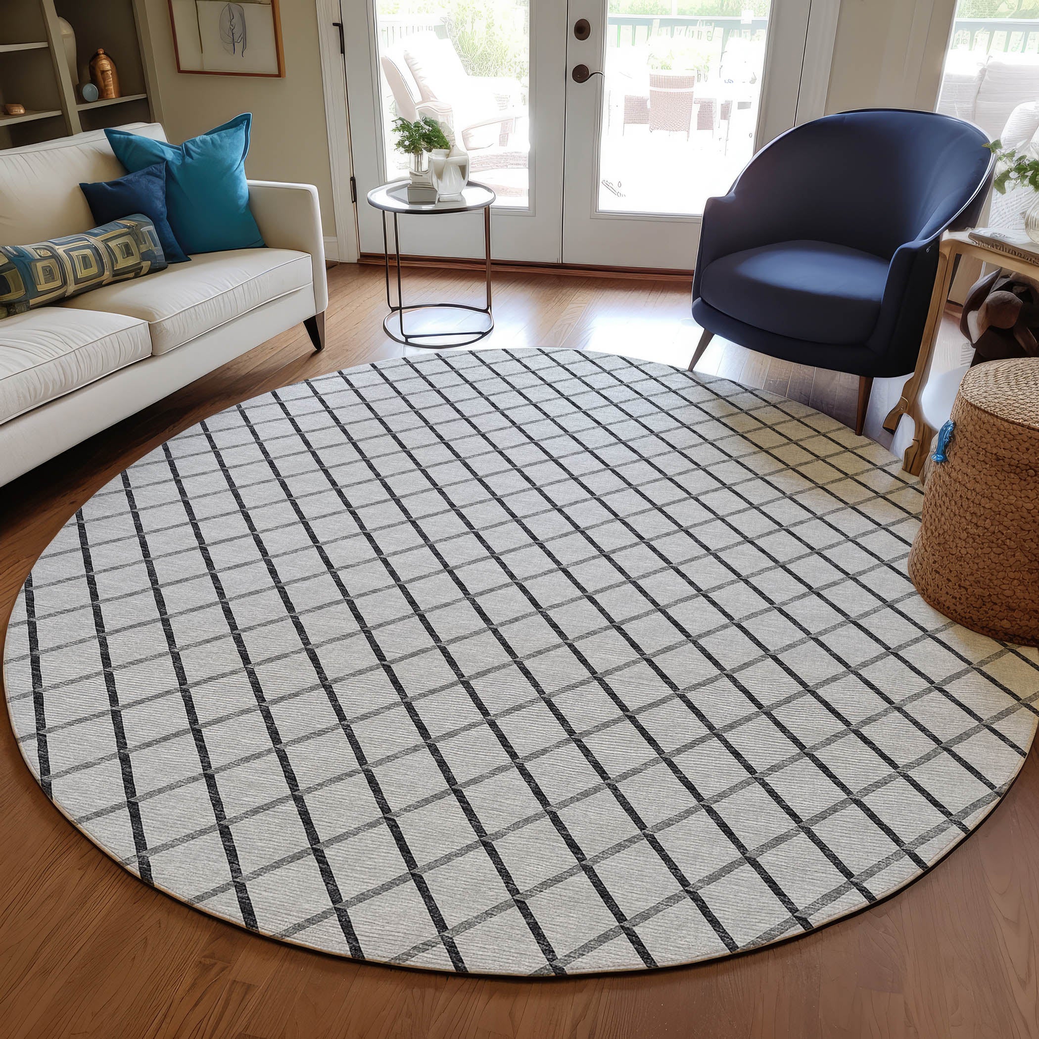 Luxury Machine Washable Indoor/Outdoor Transitional YO1 Gray Rug 4' x 4' #shape_Round