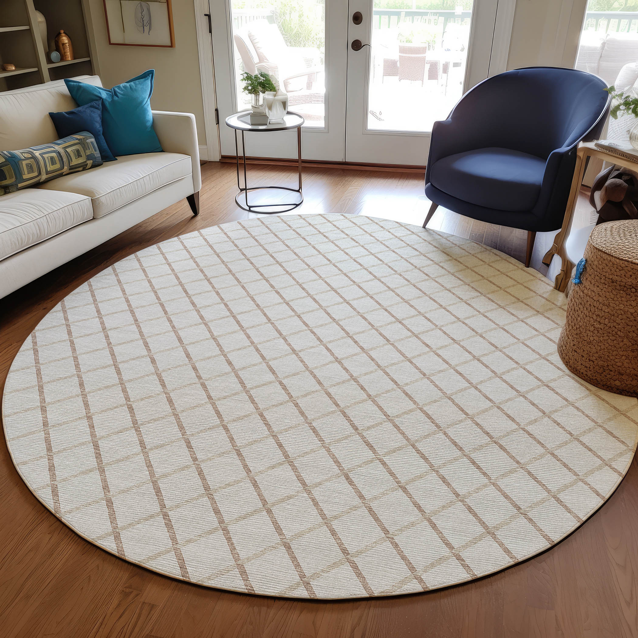 Luxury Machine Washable Indoor/Outdoor Transitional YO1 Ivory Rug 4' x 4' #shape_Round
