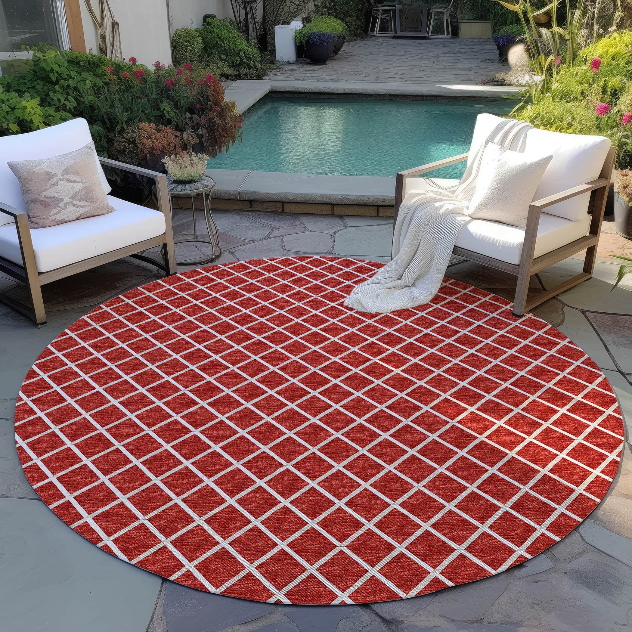 Luxury Machine Washable Indoor/Outdoor Transitional YO1 Red Rug 4' x 4' #shape_Round