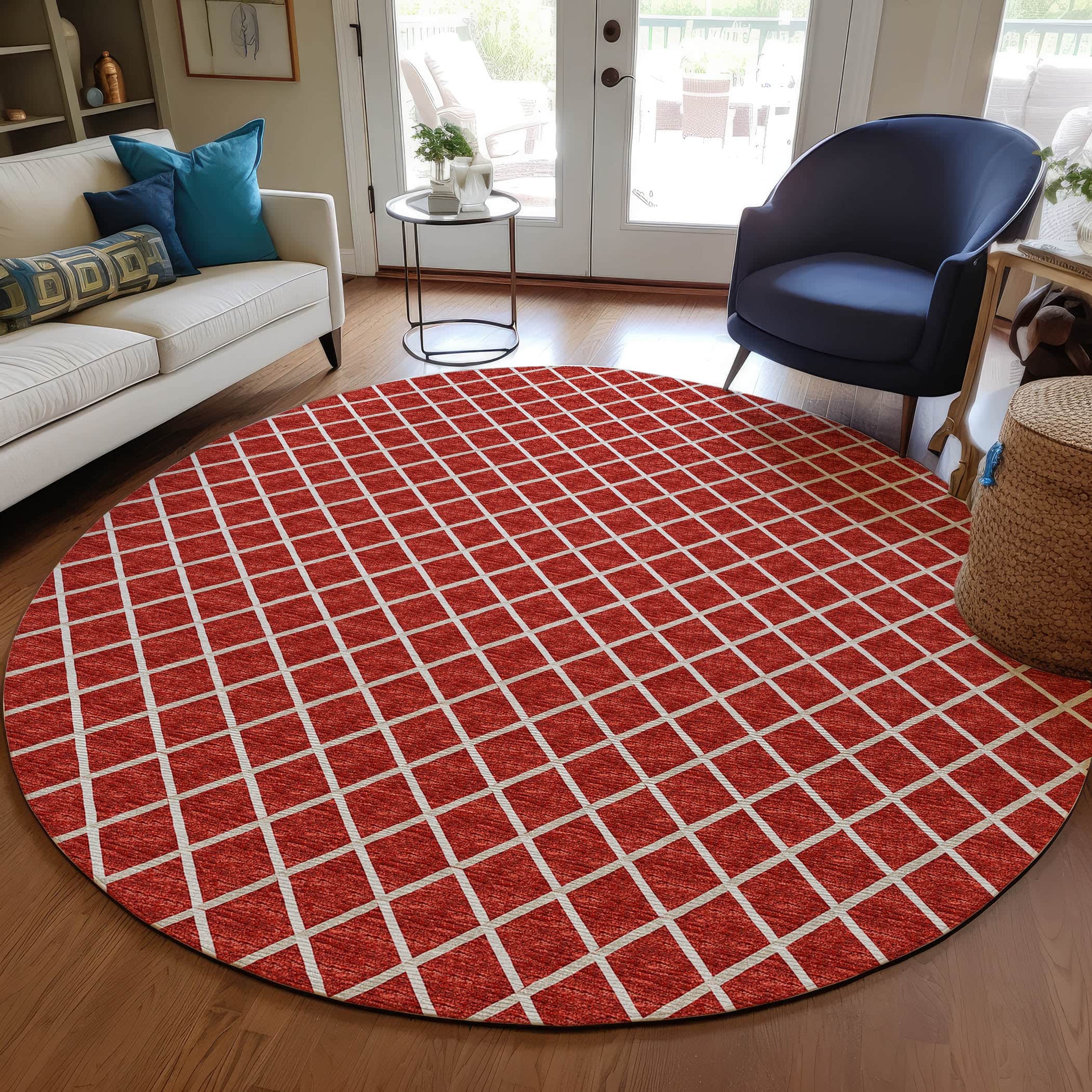 Luxury Machine Washable Indoor/Outdoor Transitional YO1 Red Rug 4' x 4' #shape_Round