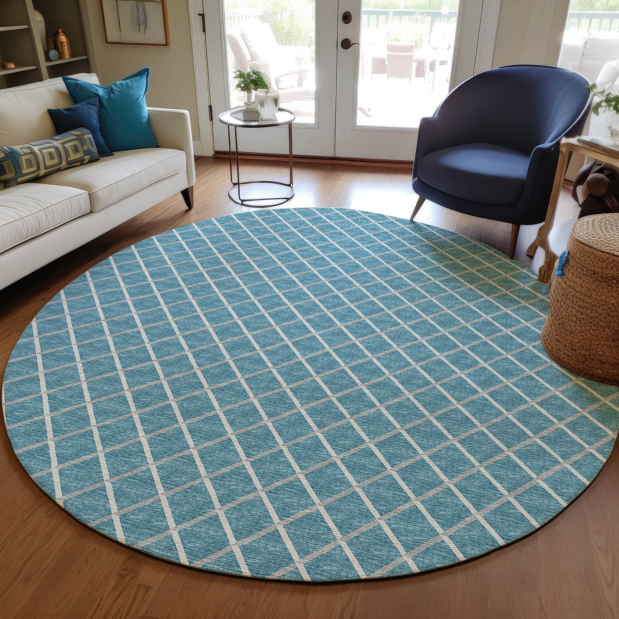 Luxury Machine Washable Indoor/Outdoor Transitional YO1 Sky Blue Rug 4' x 4' #shape_Round