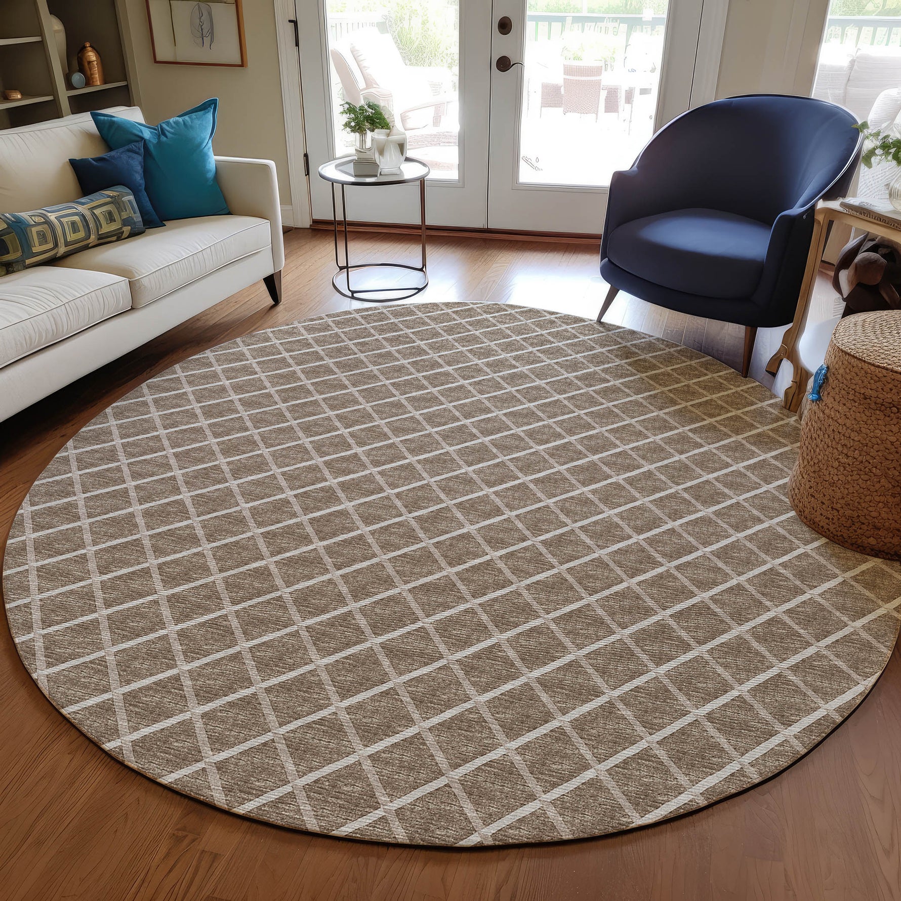 Luxury Machine Washable Indoor/Outdoor Transitional YO1 Taupe Brown Rug 4' x 4' #shape_Round