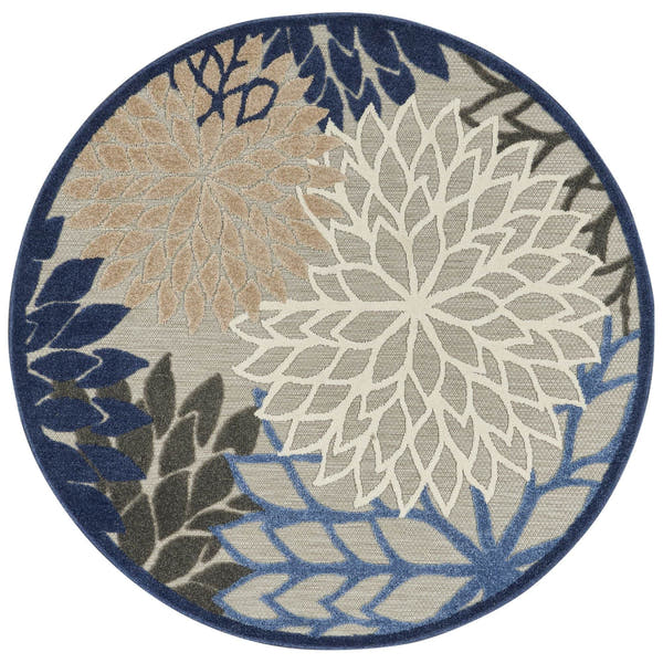 Blue Multicolor Tropical Indoor-Outdoor Black White Area Rug