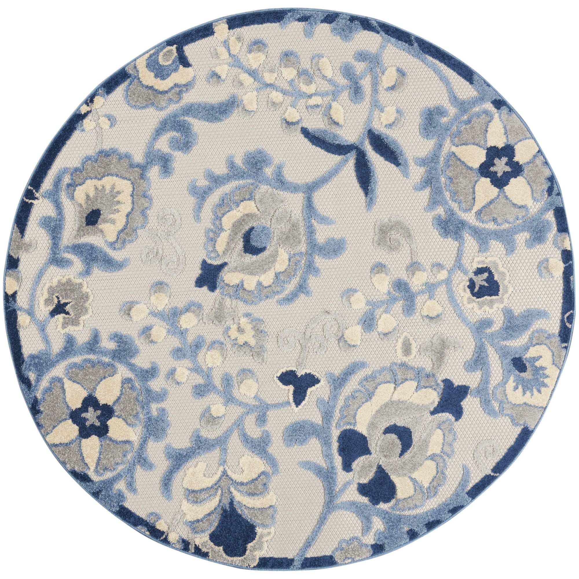 Blue Grey Farmhouse Indoor-Outdoor Swirling Vines Rug