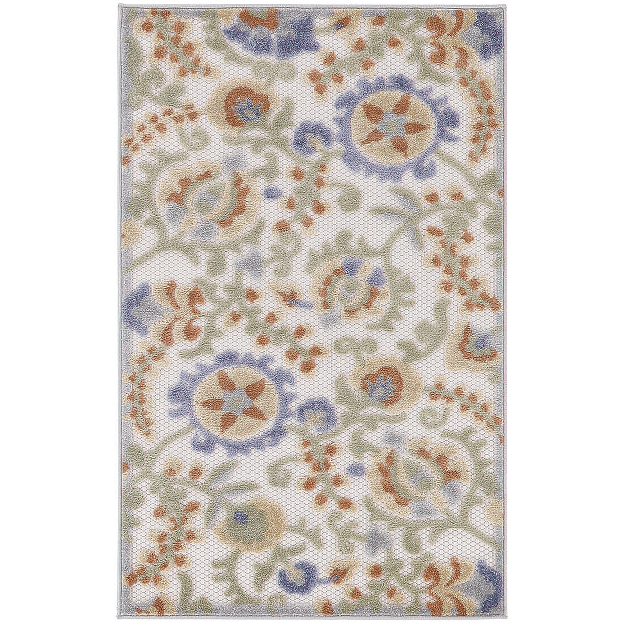 Ivory Blue Farmhouse Indoor-Outdoor Swirling Vines Rug