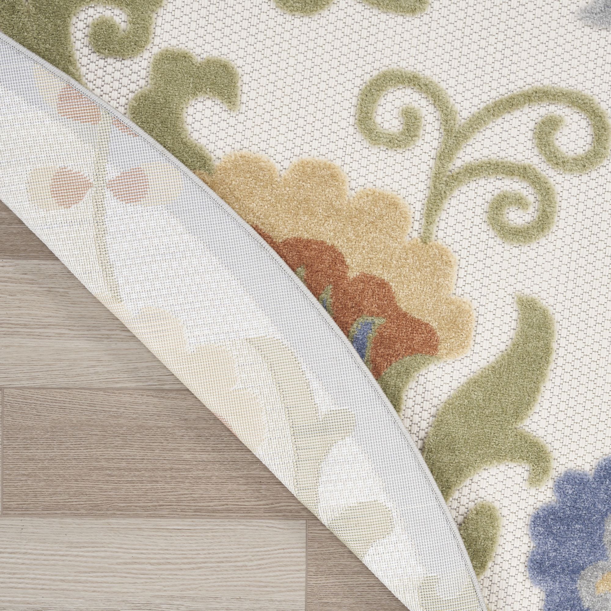 Ivory Blue Farmhouse Indoor-Outdoor Swirling Vines Rug