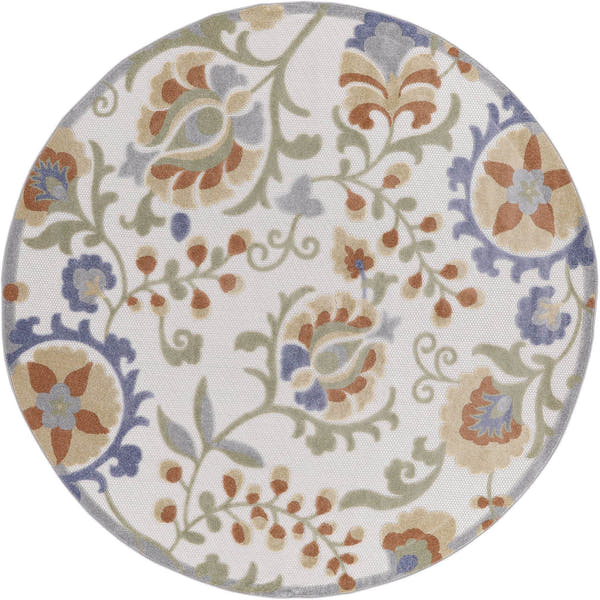 Ivory Blue Farmhouse Indoor-Outdoor Swirling Vines Rug