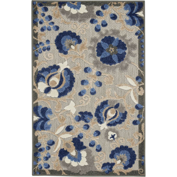 Natural Blue Farmhouse Indoor-Outdoor Swirling Vines Rug