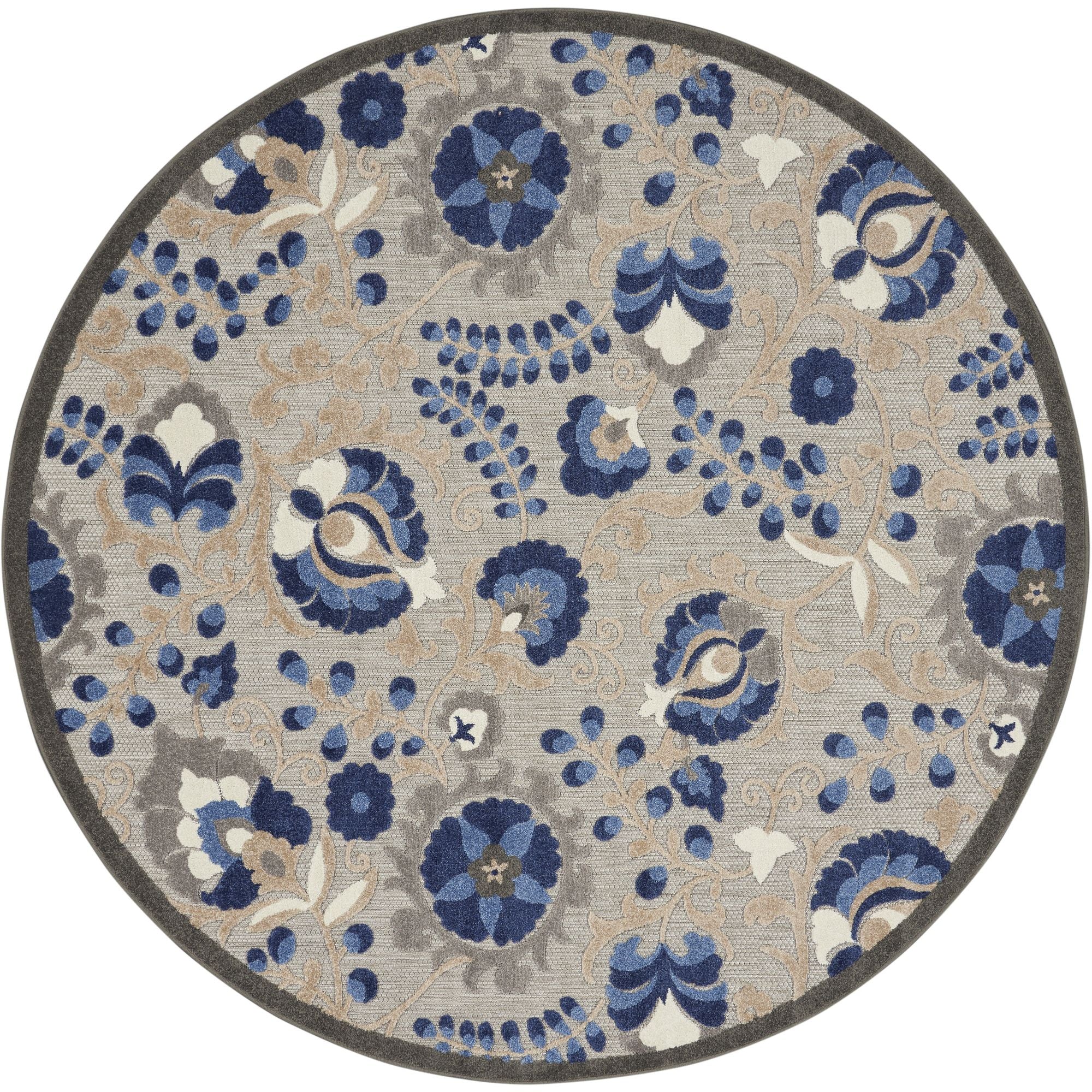 Natural Blue Farmhouse Indoor-Outdoor Swirling Vines Rug