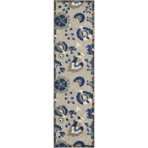 Natural Blue Farmhouse Indoor-Outdoor Swirling Vines Rug