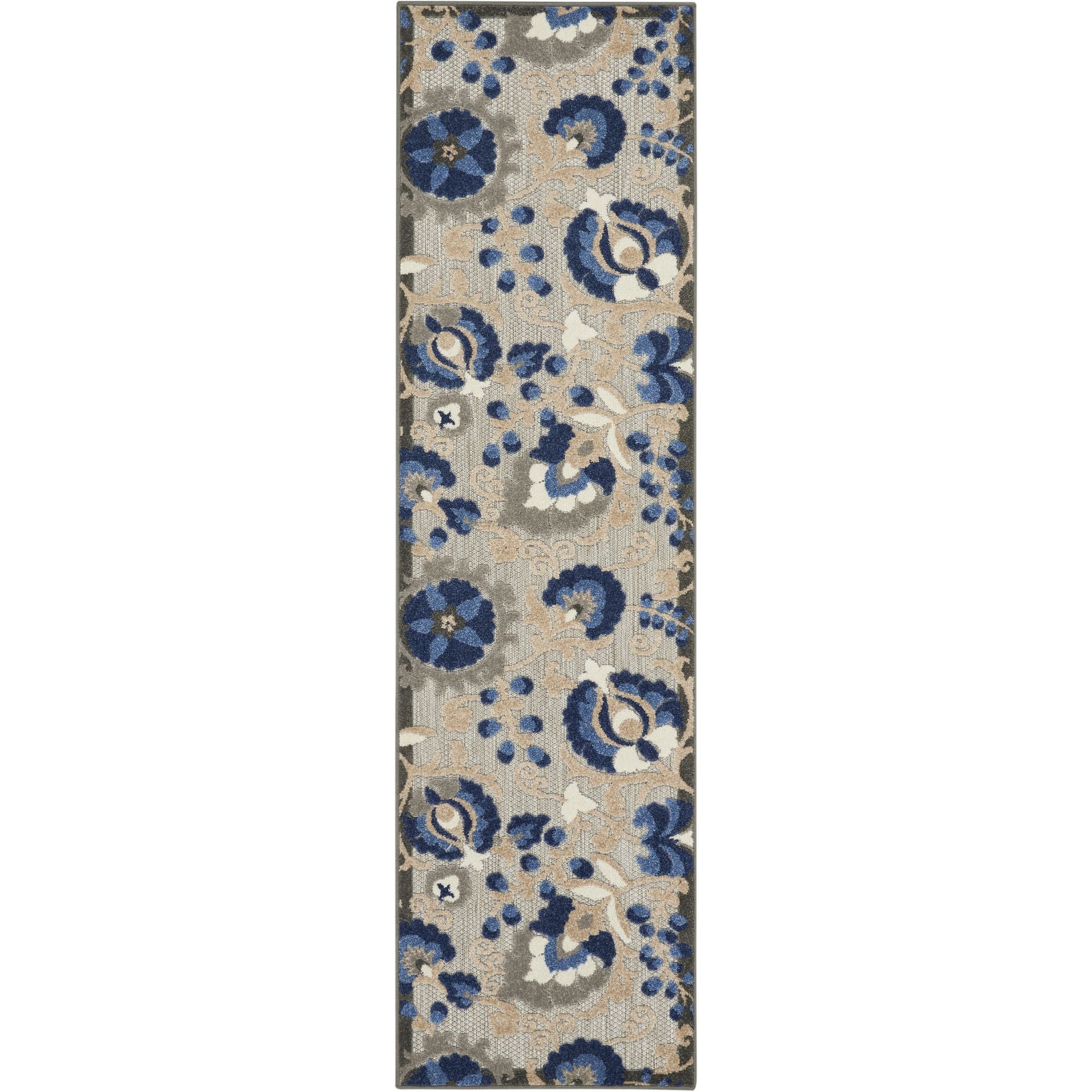 Natural Blue Farmhouse Indoor-Outdoor Swirling Vines Rug