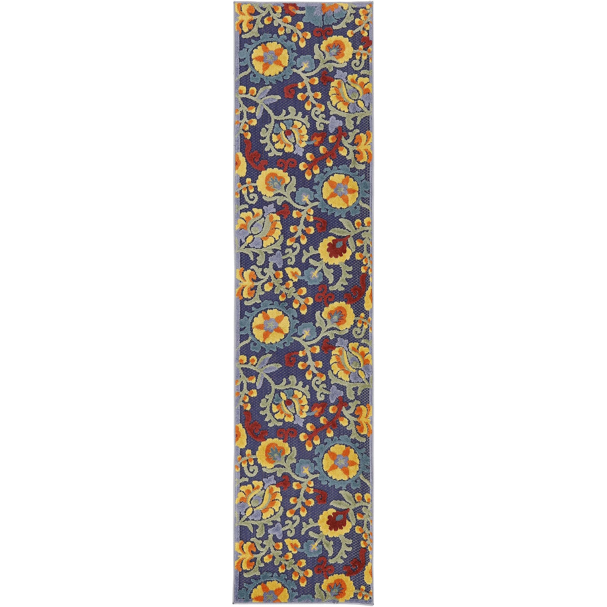 Navy Multicolor Farmhouse Indoor-Outdoor Swirling Vines Rug