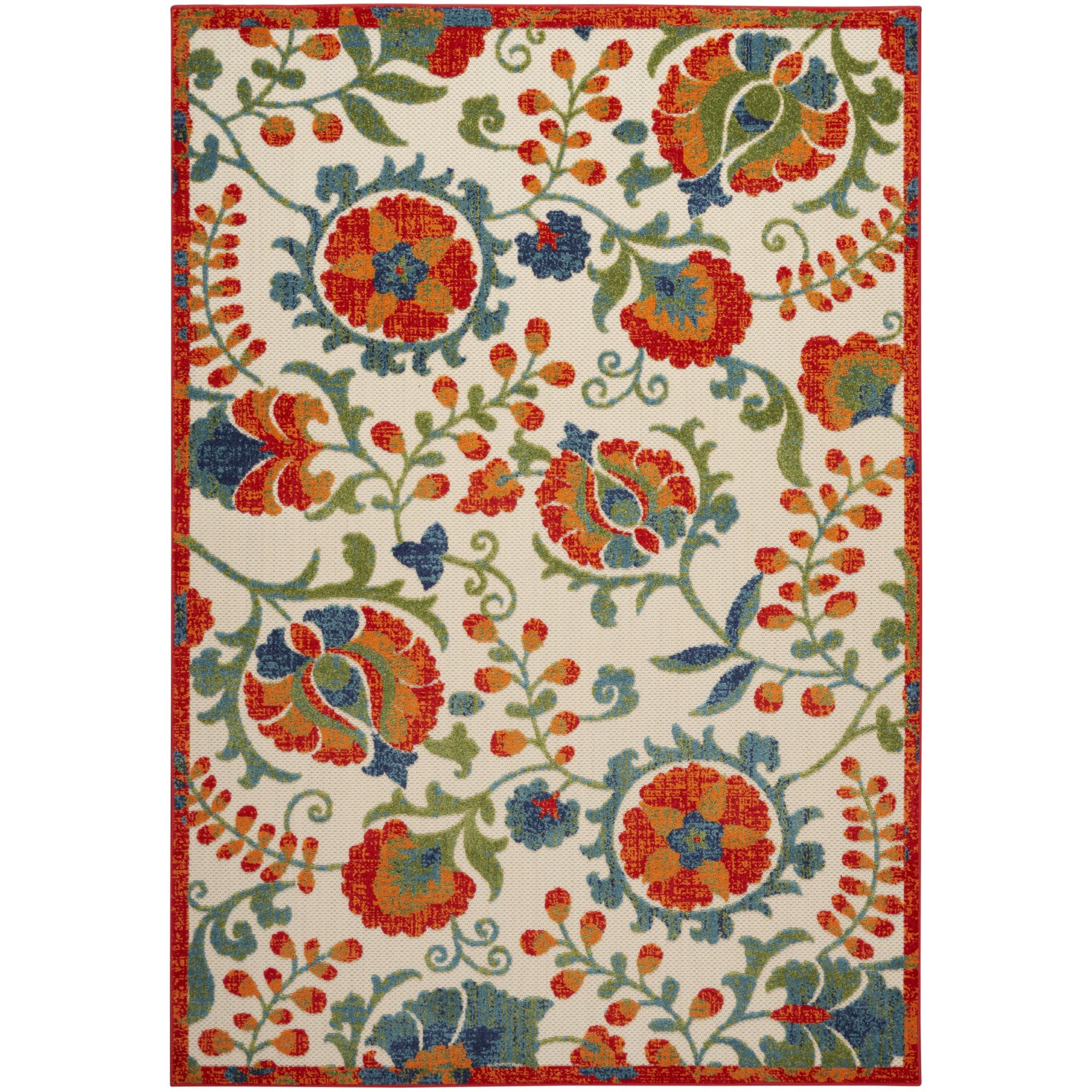 Red Multicolor Farmhouse Indoor-Outdoor Swirling Vines Rug