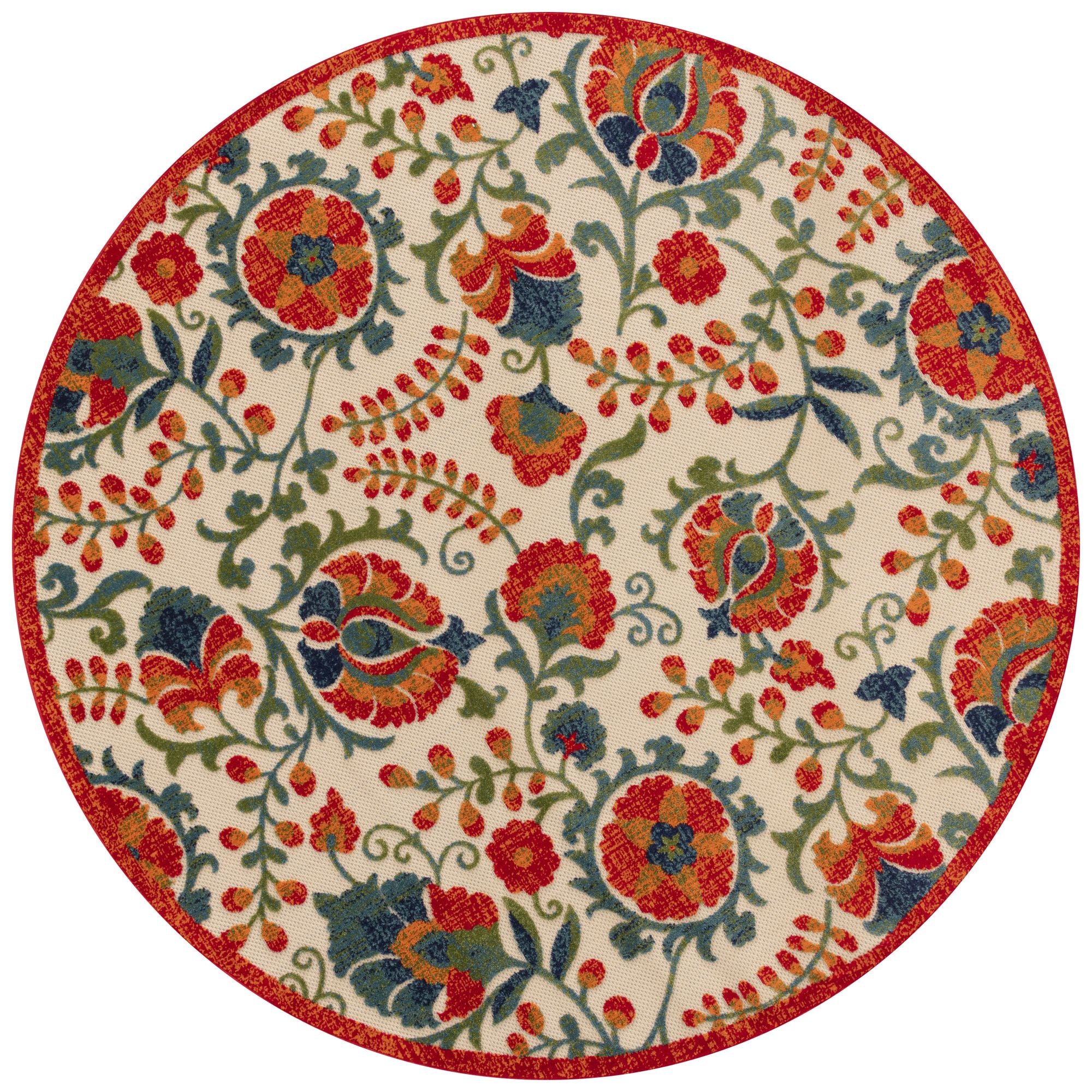 Red Multicolor Farmhouse Indoor-Outdoor Swirling Vines Rug