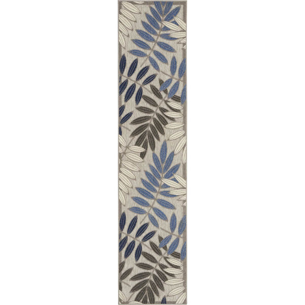 Grey Blue Tropical Leaf Indoor/Outdoor Patio Rug