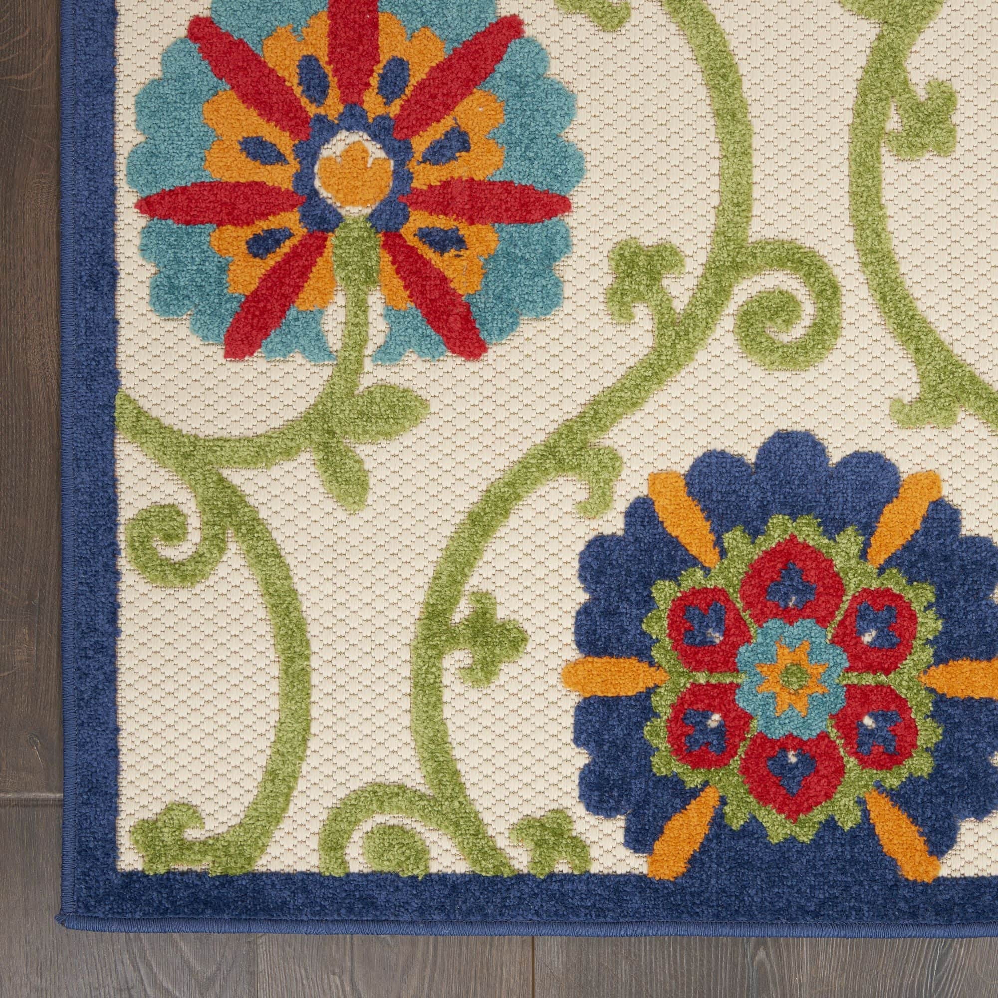 Blue Multicolor Contemporary Floral Indoor Outdoor Patio Rug