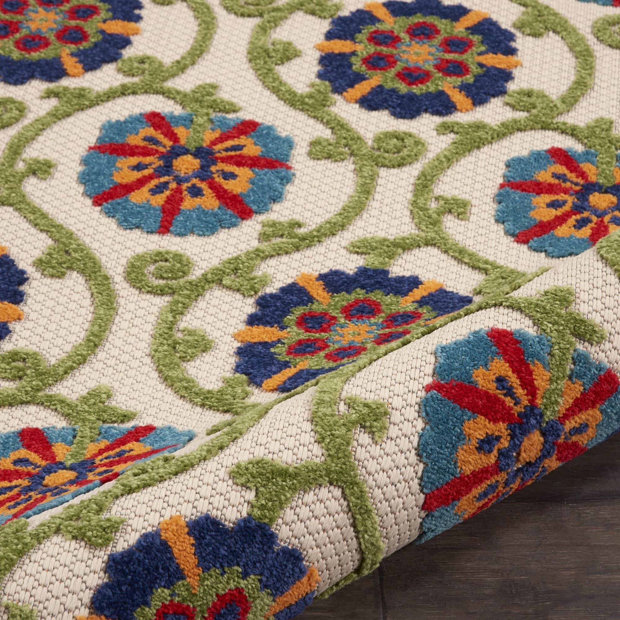 Blue Multicolor Contemporary Floral Indoor Outdoor Patio Rug