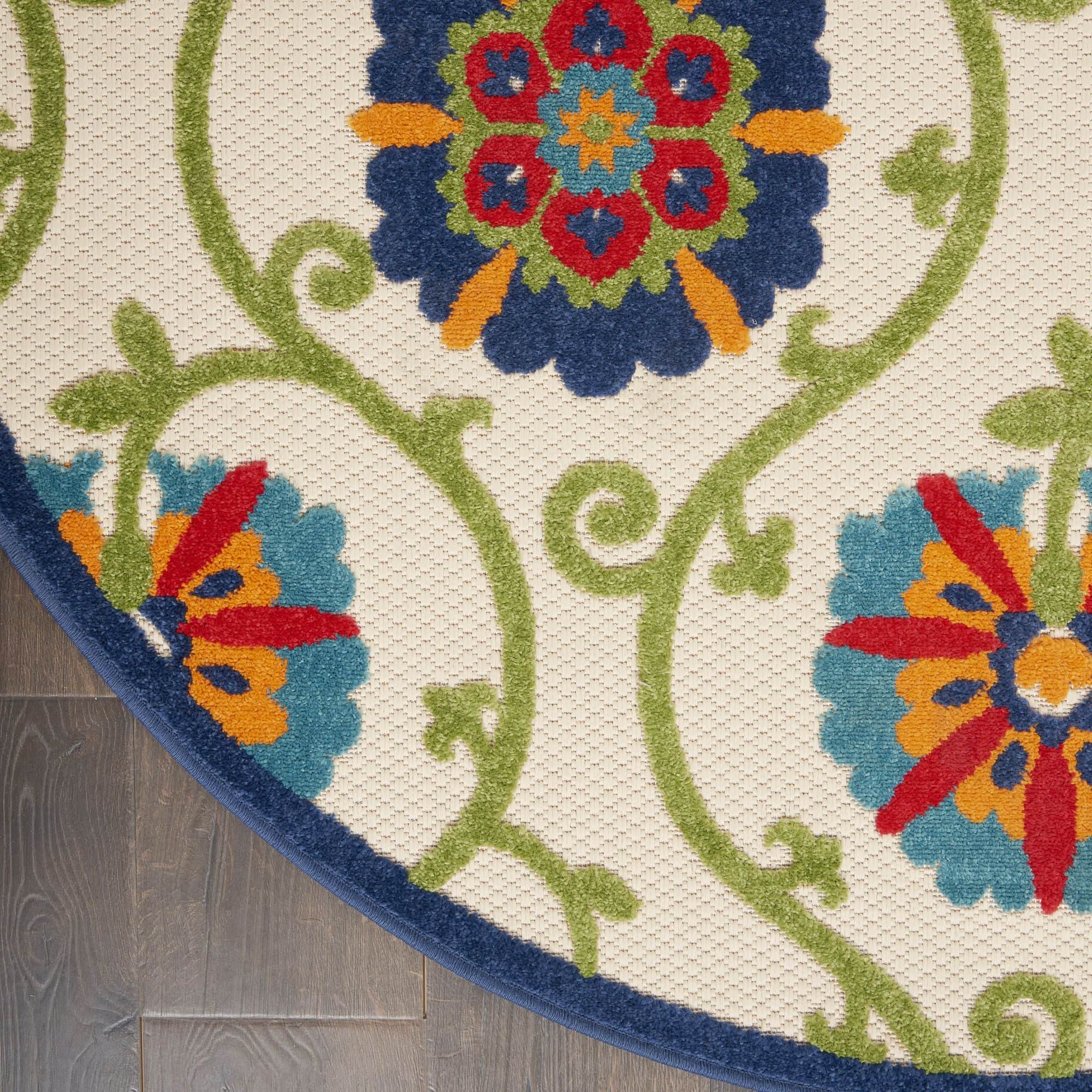 Blue Multicolor Contemporary Floral Indoor Outdoor Patio Rug