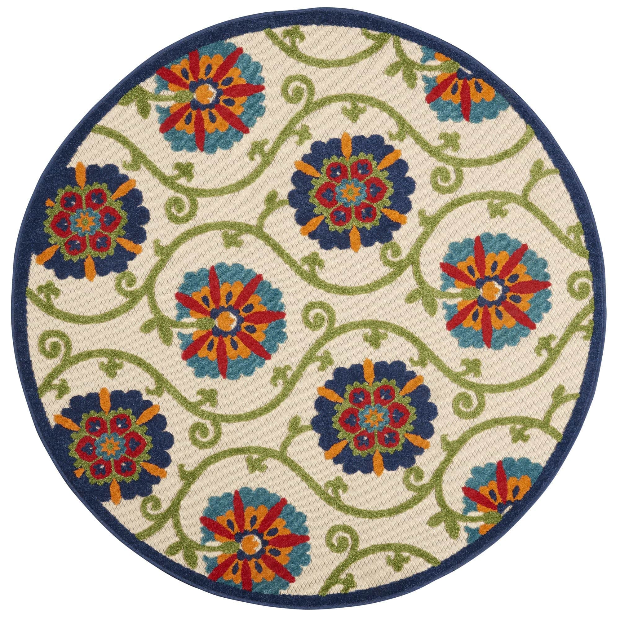 Blue Multicolor Contemporary Floral Indoor Outdoor Patio Rug