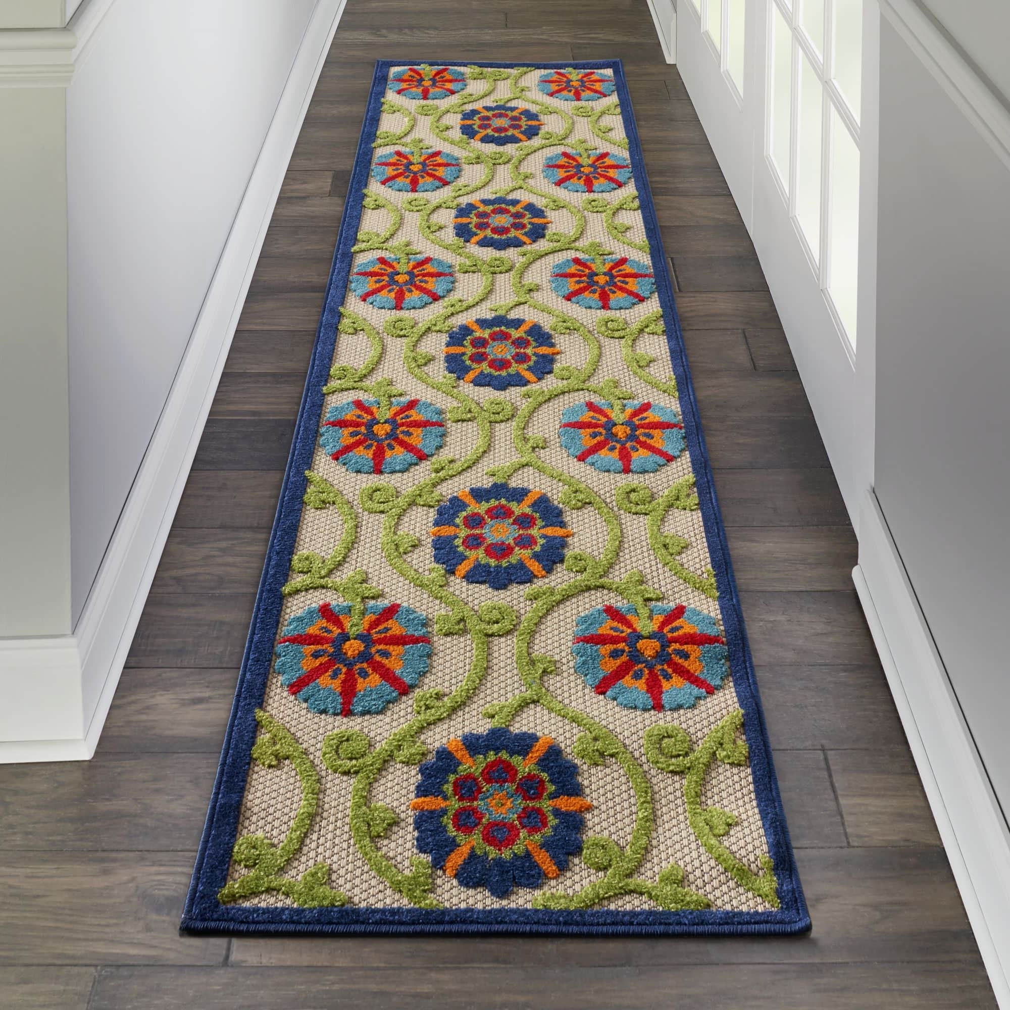 Blue Multicolor Contemporary Floral Indoor Outdoor Patio Rug