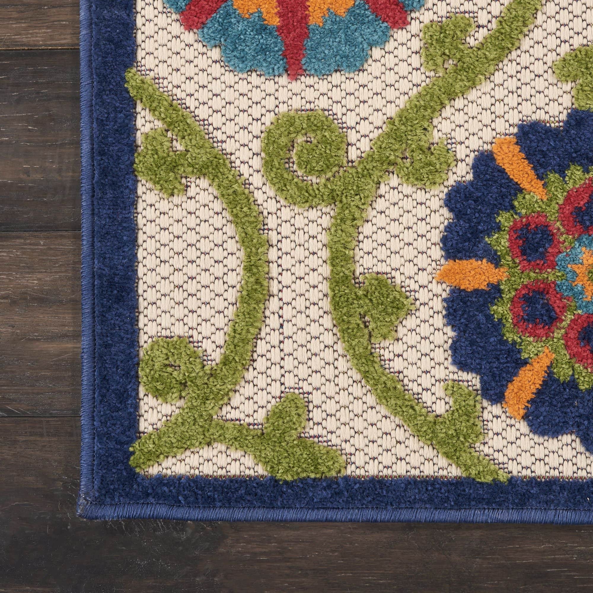 Blue Multicolor Contemporary Floral Indoor Outdoor Patio Rug