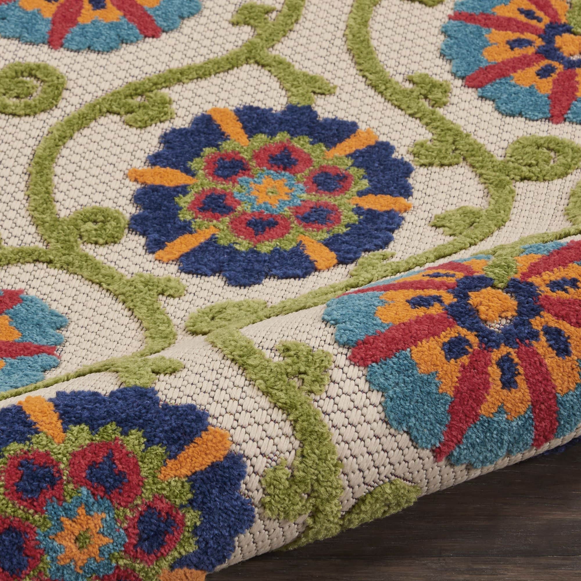 Blue Multicolor Contemporary Floral Indoor Outdoor Patio Rug
