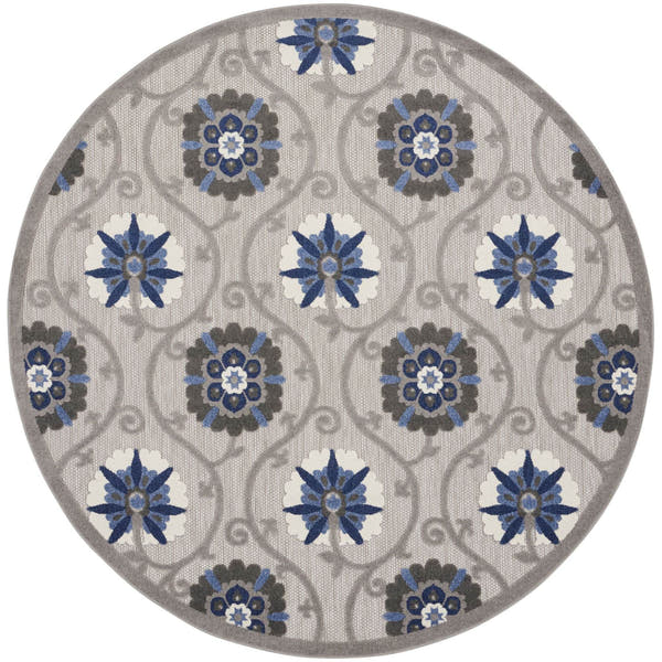 Grey Blue Contemporary Floral Indoor Outdoor Patio Rug