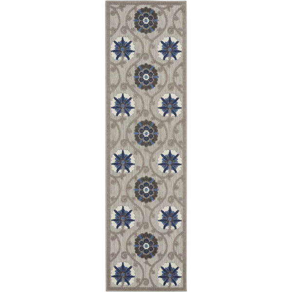 Grey Blue Contemporary Floral Indoor Outdoor Patio Rug
