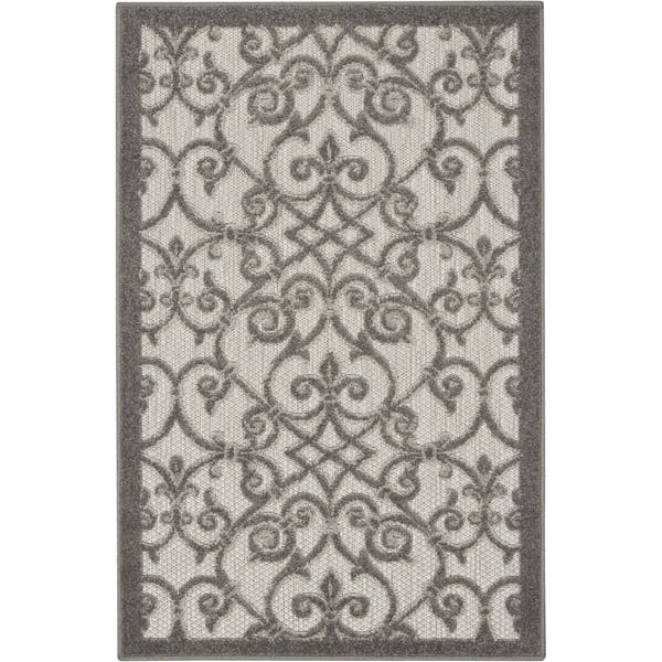 Grey Charcoal Contemporary Floral Indoor-Outdoor Patio Rug