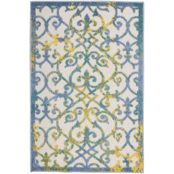Ivory Blue Contemporary Floral Indoor-Outdoor Patio Rug