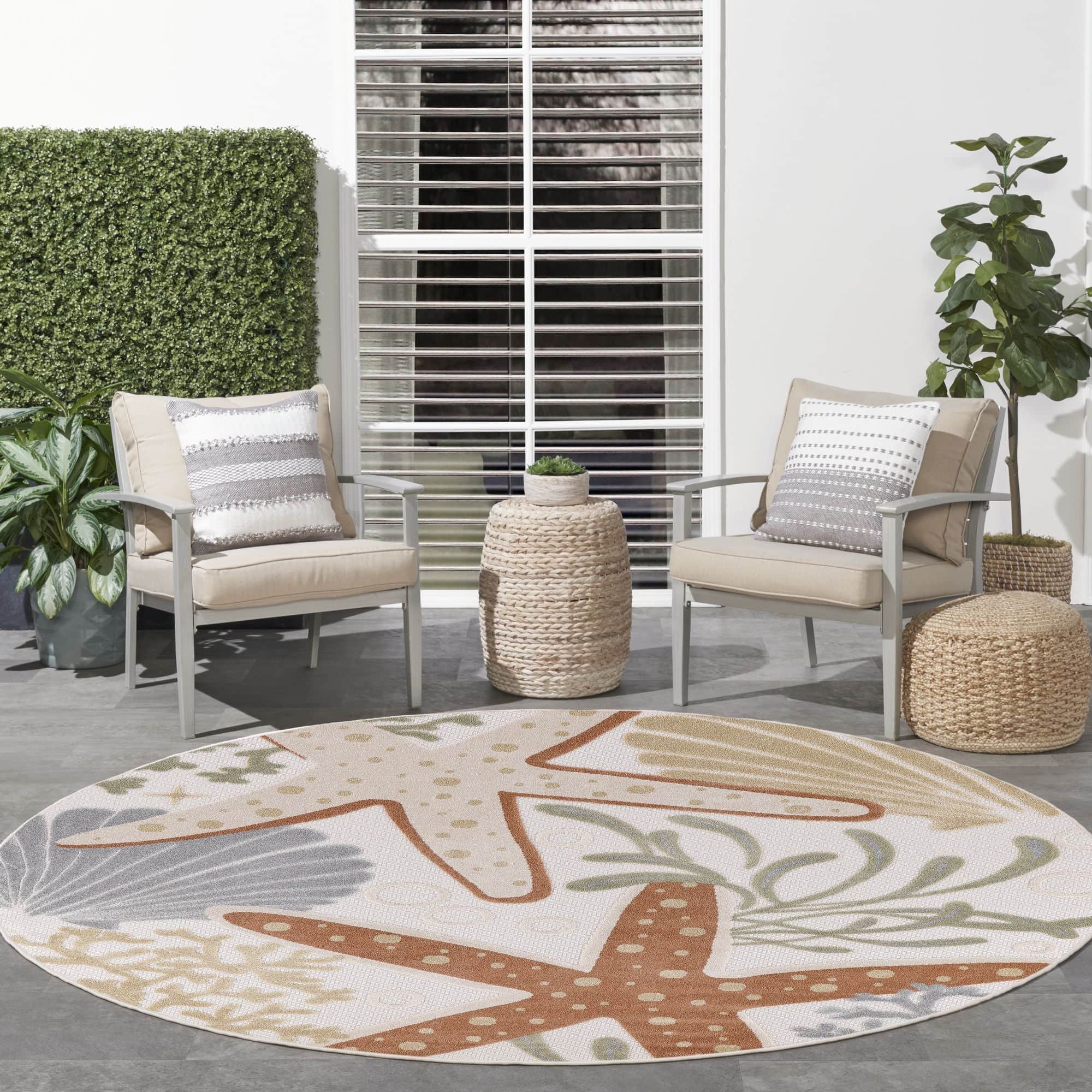 Ivory Multicolor Coastal Indoor Outdoor Polypropylene Area Rug